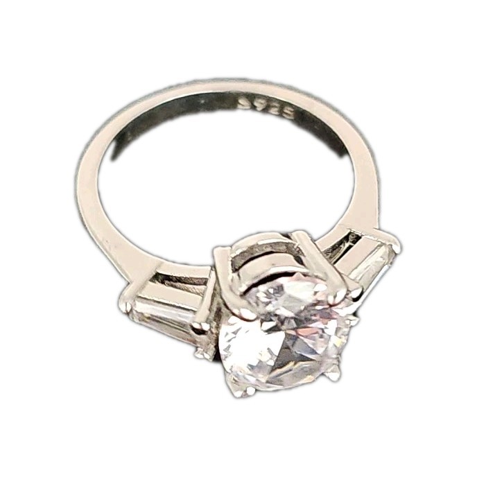 Engagement Stamp 925 3 Ct Oval Cut White Saphire & 2 Baguettes Sz 8 8140