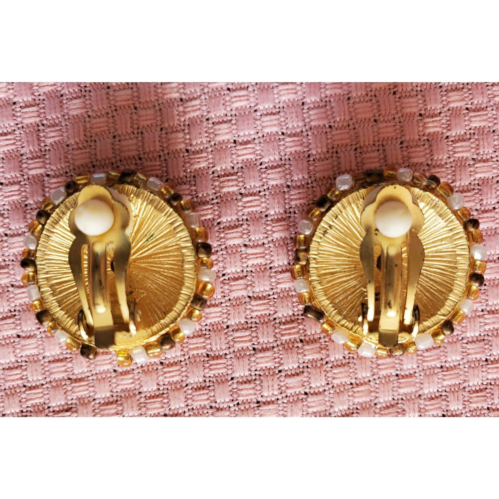 Vintage Sarah Coventry Amber Beaded Clip-On Earrings | Gold Tone Textured Floral