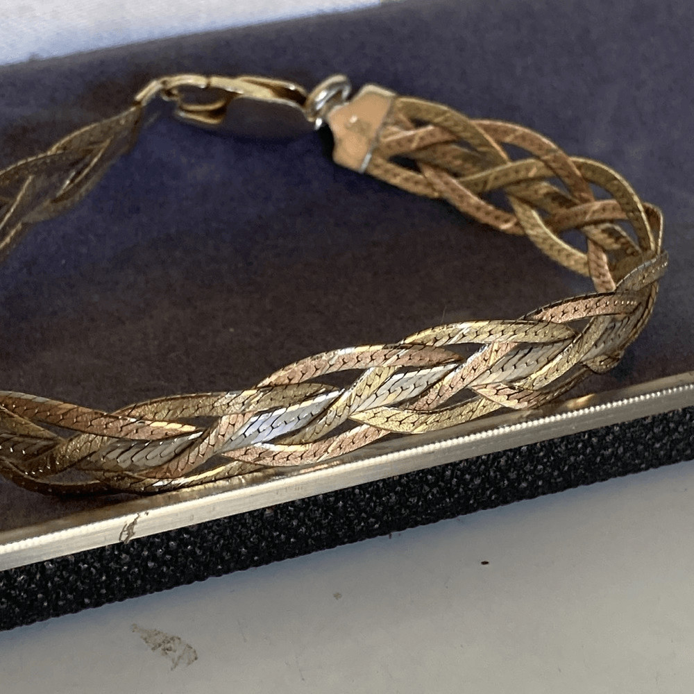Milor Gold Filled & 925 Silver Vintage Tri-Colored Braided Bracelet 7.5″ Italian