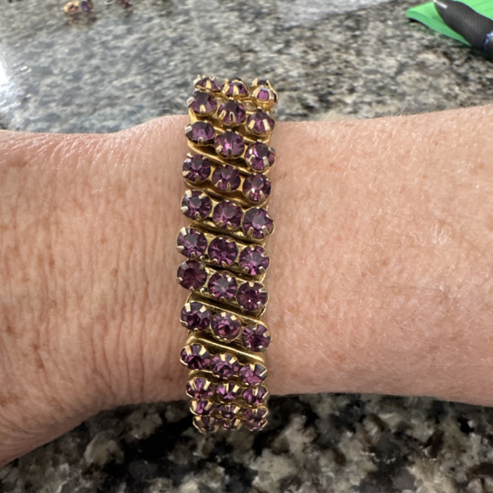 Stretch Tennis Bracelets Silver Gold Purple Clear Round Rhinestone Set of 2