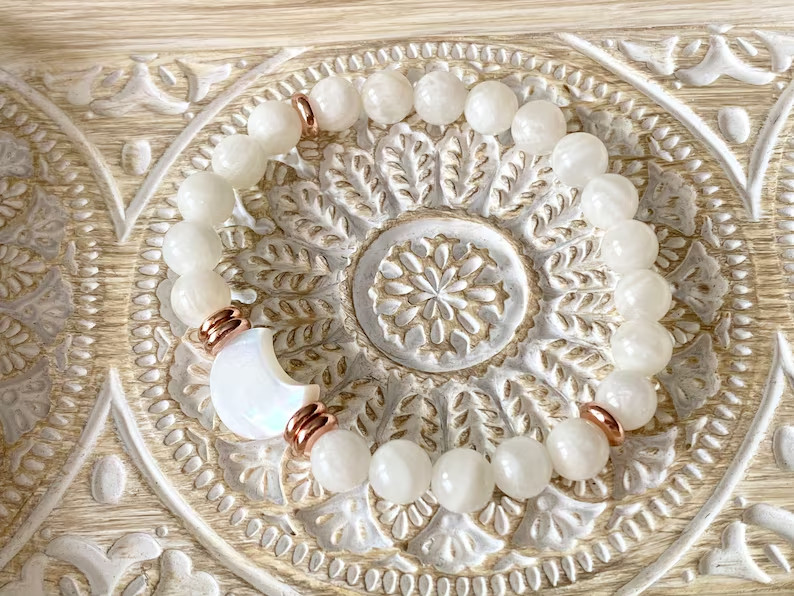 AAA+ Moon Phase Charm 8mm White Moonstone & Mother of Pearl Bracelet Jewelry