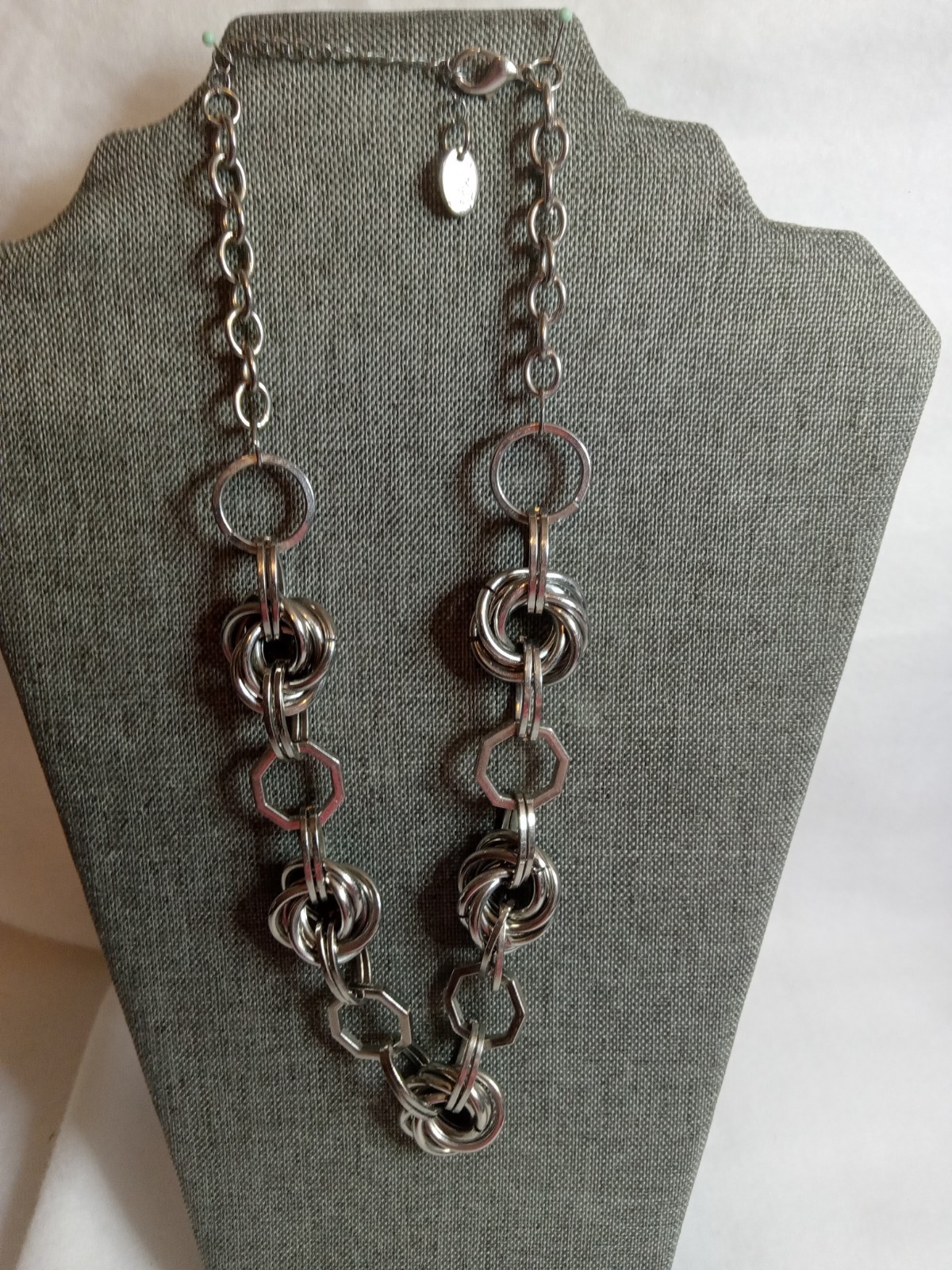 Silver Chunky Rhinestone Circle Ring Necklace Adjustable Length 21″ Long