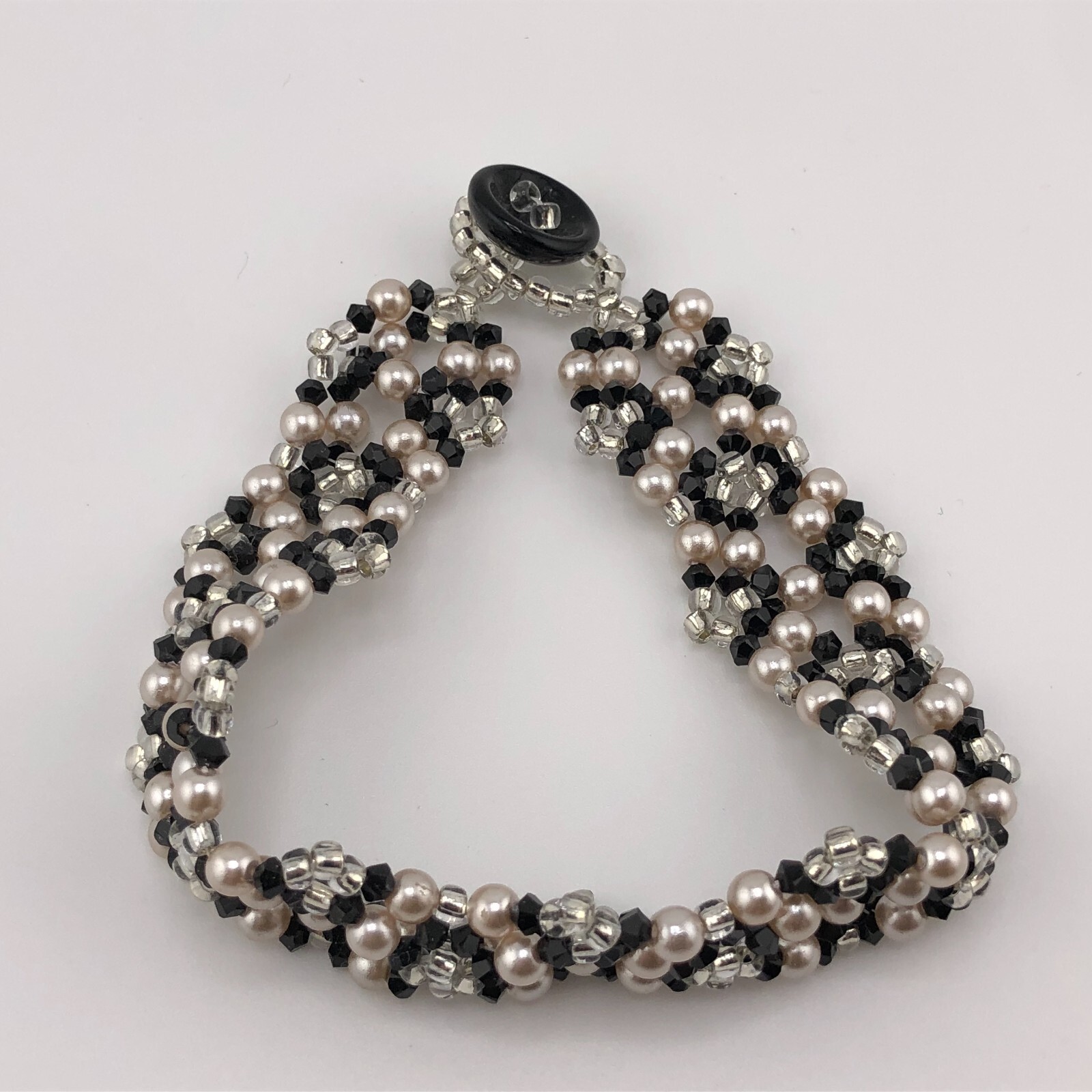Woven Bead Bracelet Black, White & Pale Pink Beads Valentine’s Retro Festival
