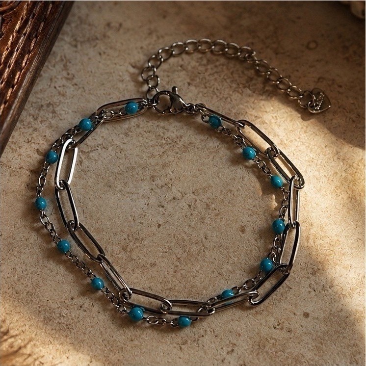 Silver Tone Bar Link Chain Bracelet Blue Round Beads, Lobster Clasp Adjustable
