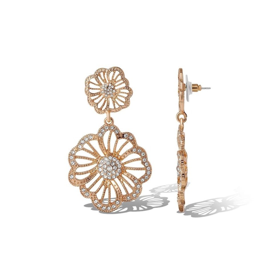 Jessica Simpson Floral Drop Earrings Women Pave Crystal Gold Tone New Box OS