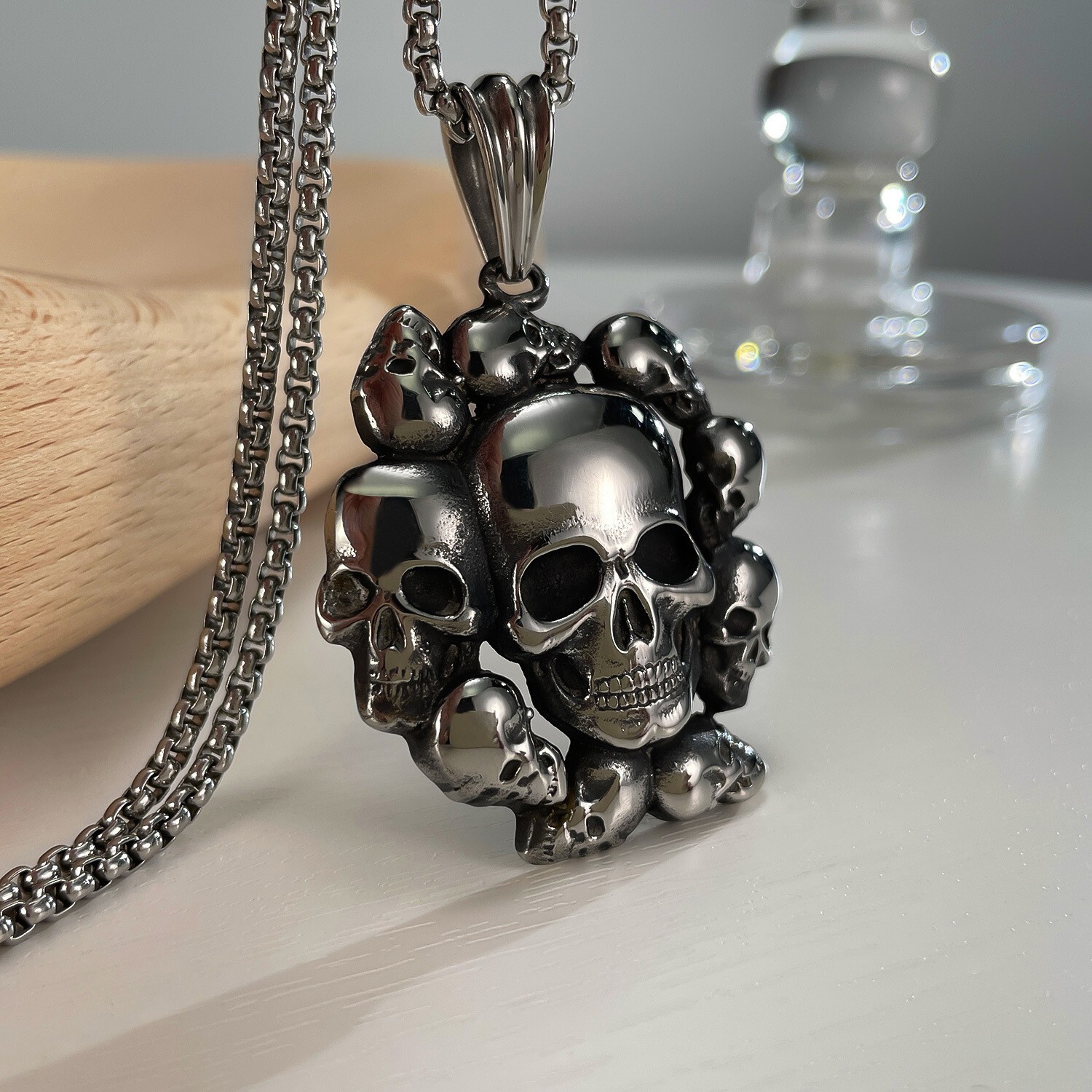 Men’s Stainless Steel Amulet Ghost Head Necklace Pendant Jewelry Wholesale Gift