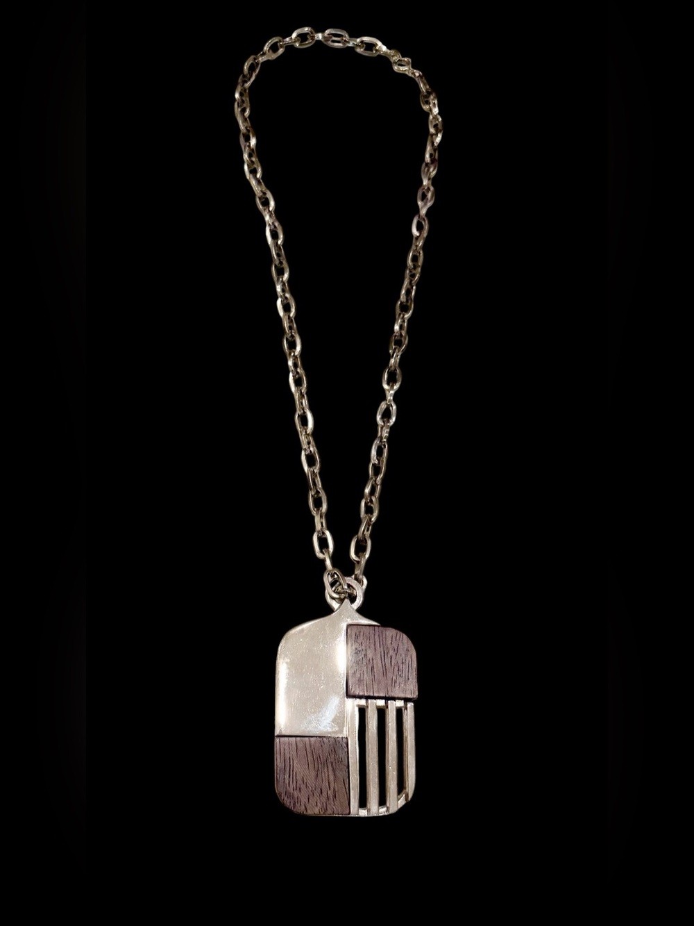Modernist Teak Stainless Steel Scandinavian Pendant Abstract Medallion on Chain