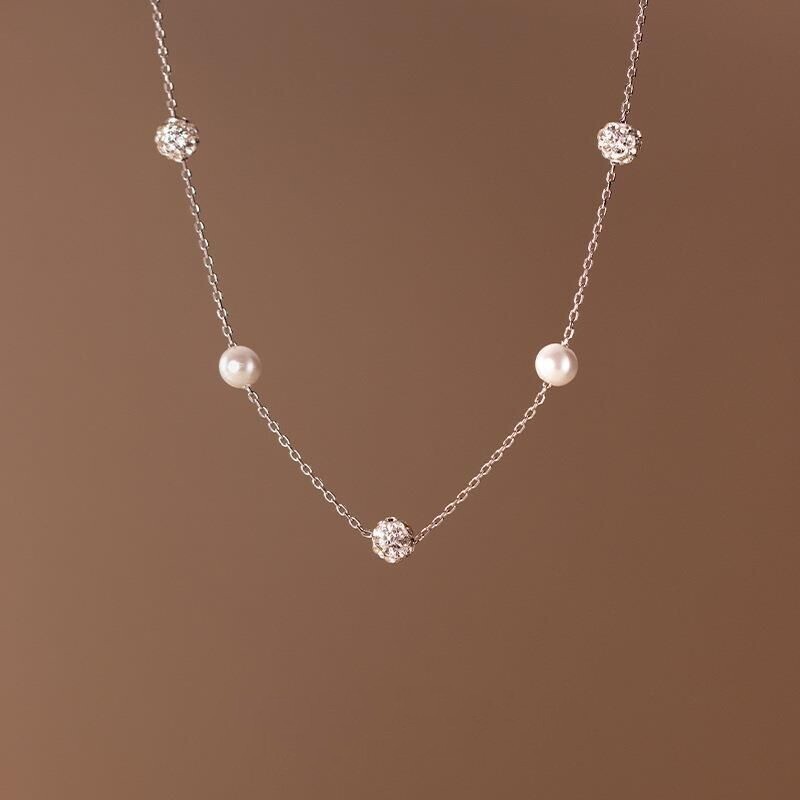 Woman Real S925 Sterling Silver Starry CZ Pearl Necklace Chain