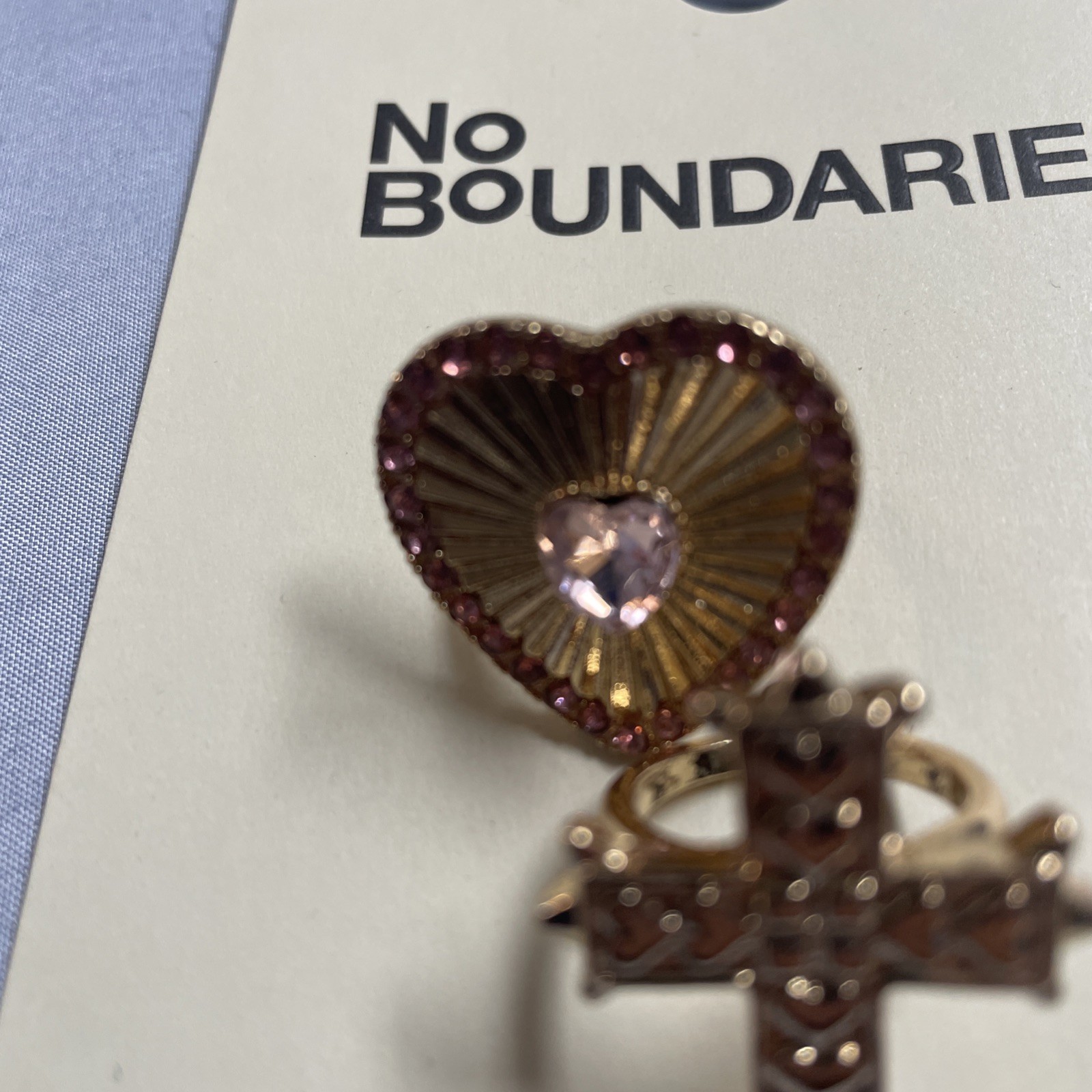 No Boundaries Gold Toned Heart and Cross Ring Set Size 7