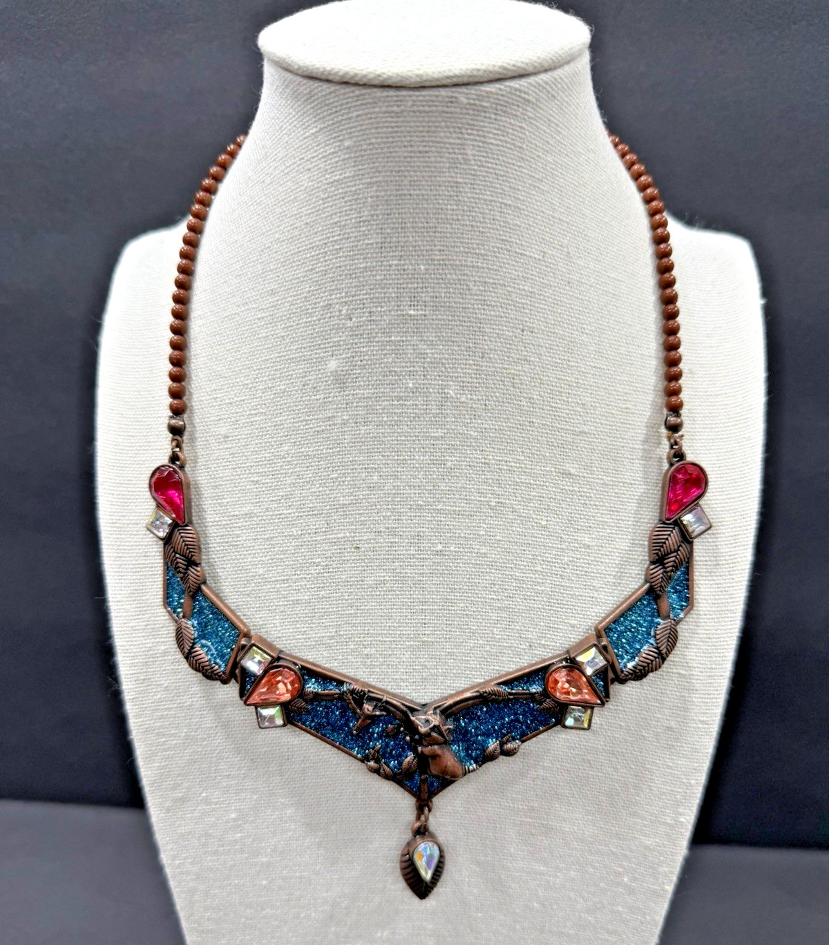Disney Store Woodland Enamel Rhinestone Statement Necklace Leaf Acorn Raccoon