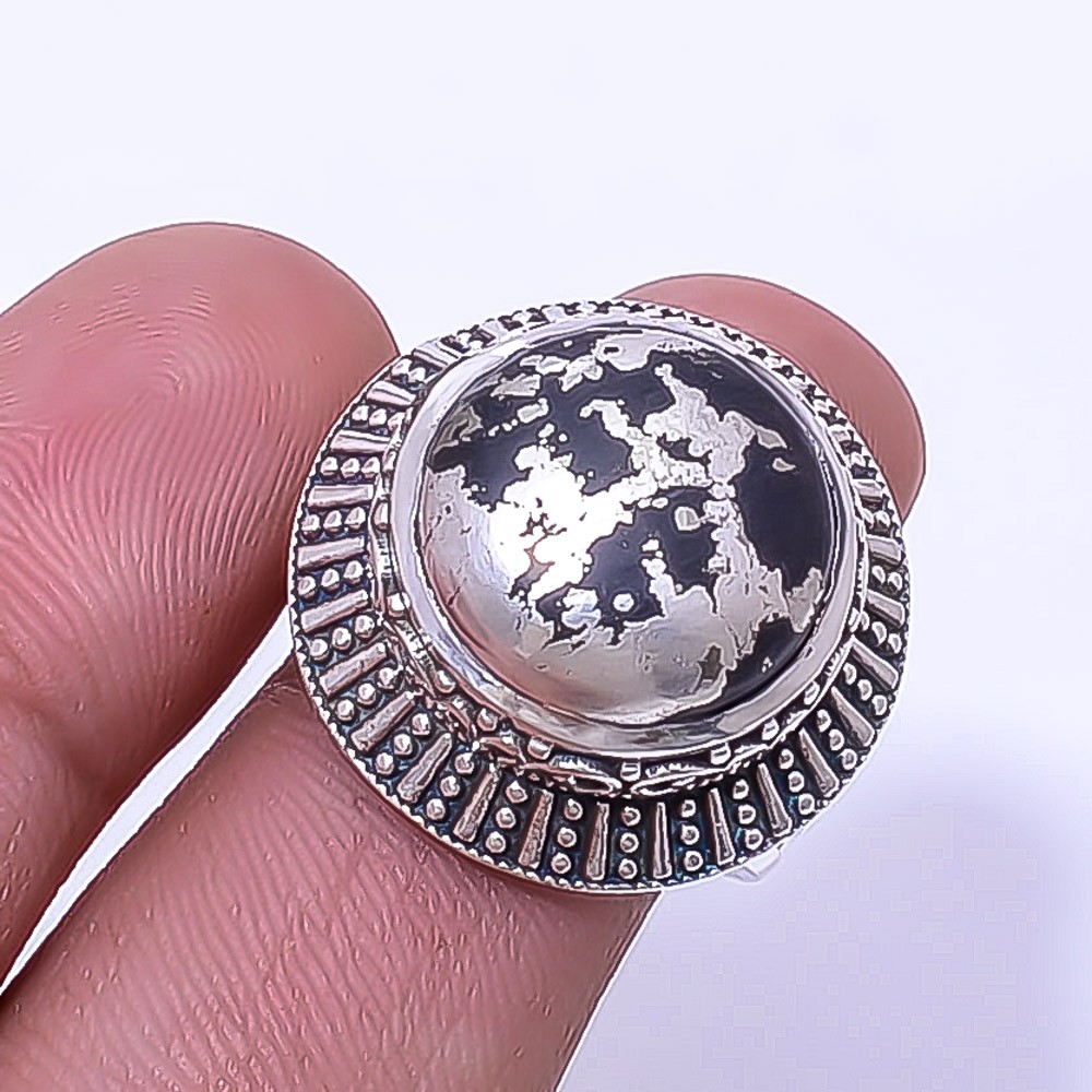 Healer’S Gold Pyrite In Magnetite Fine Art Oxidised Gemstone 925 Silver Ring 7 R