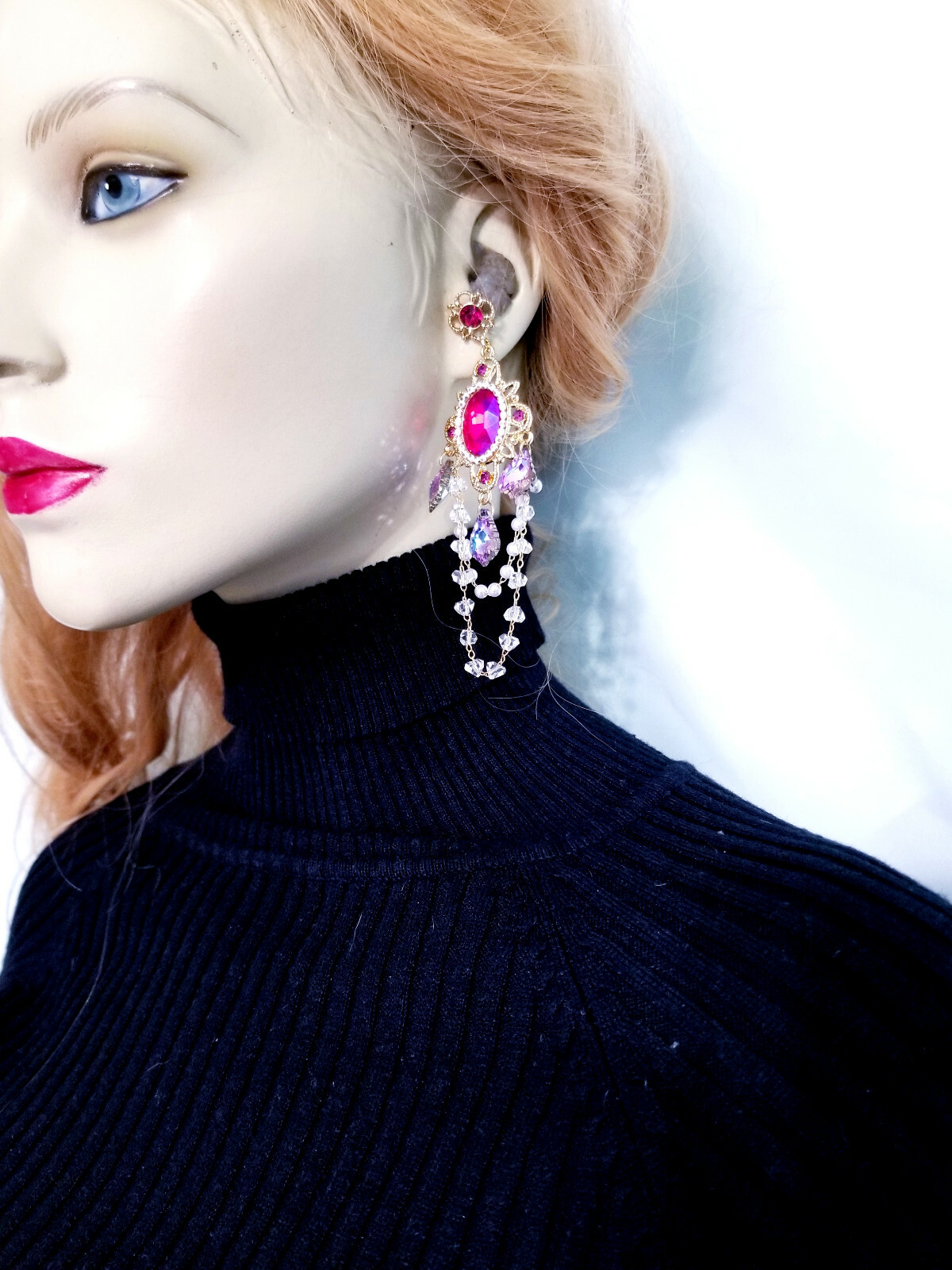 Pink Drop Rhinestone Crystal Earrings Chandelier Pageant Prom Statement 4.1 in