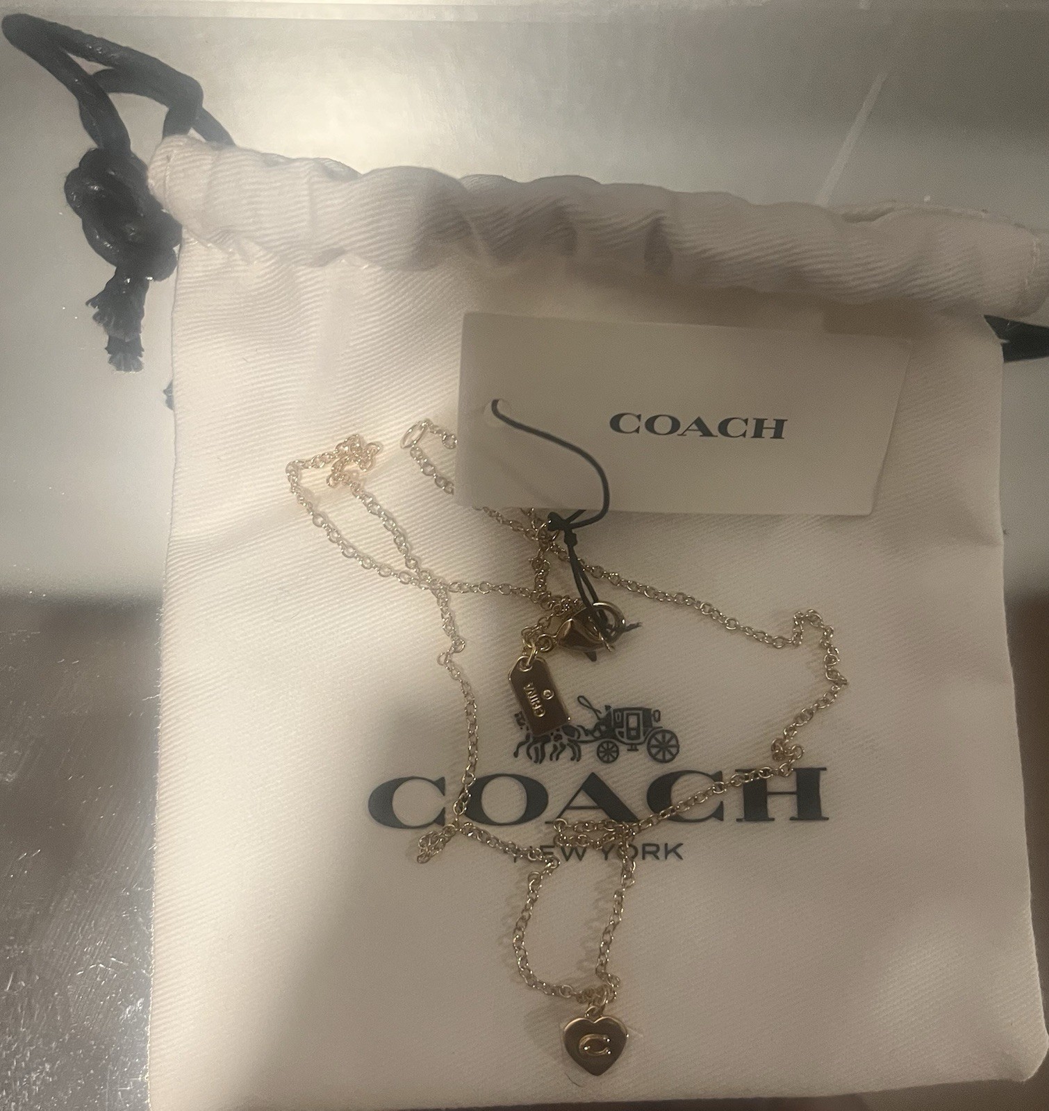 Coach Gold Tone Cable Chain Necklace Heart Charm Pendant Love Lobster Clasp