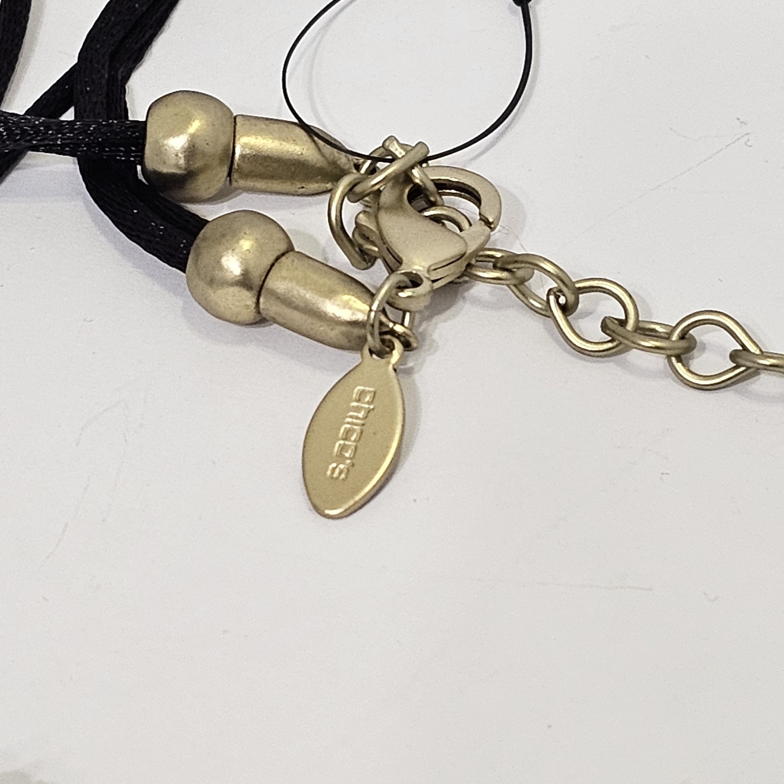Chicos Smoky Gray Crystal Teardrop Pendant Black Cord Multi Strand Necklace Gold