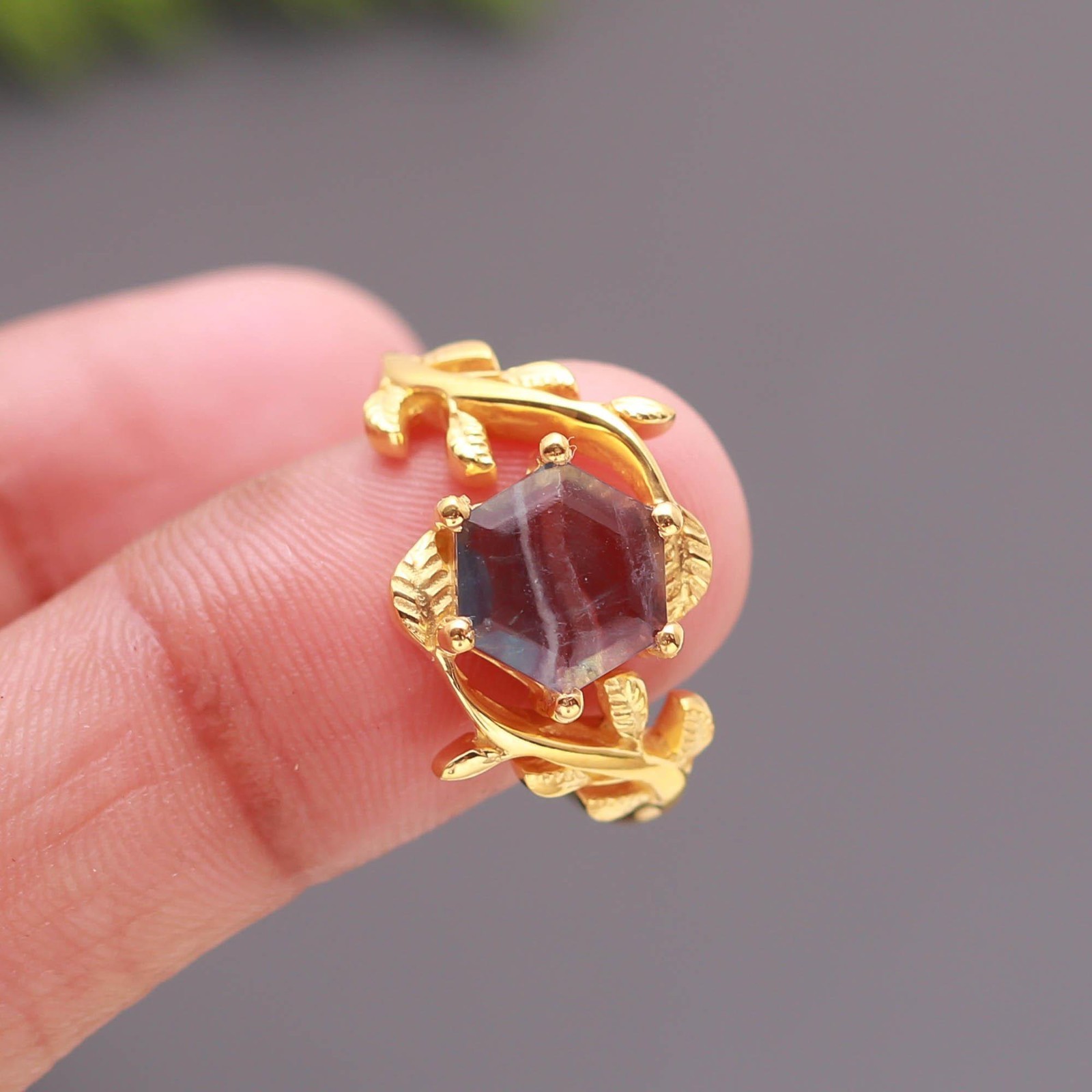 Natural Rainbow Fluorite Hexagon Leaf Ring 925 Sterling Silver Gold Fill Jewelry