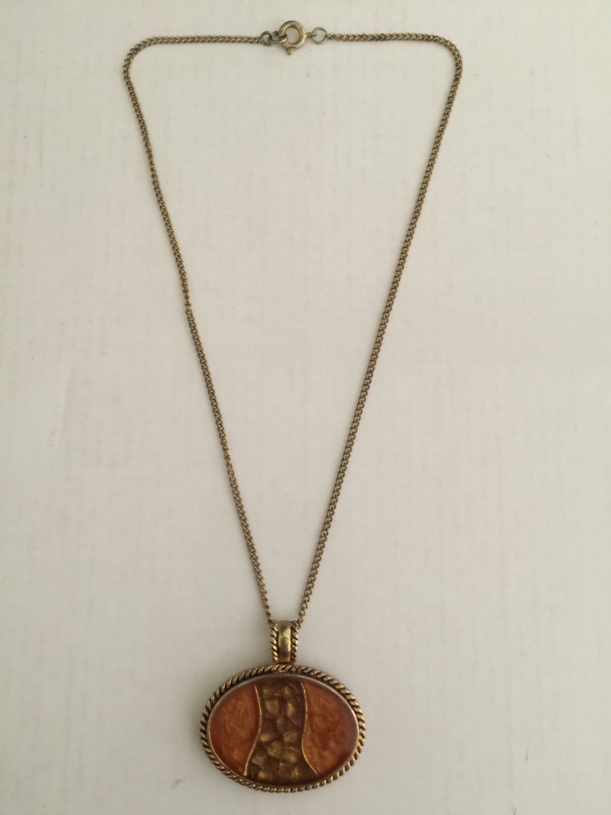Golden Chain Necklace 28″L w/ Pendant Bohemian Signed KC Silver Plated 1.5″ x1″