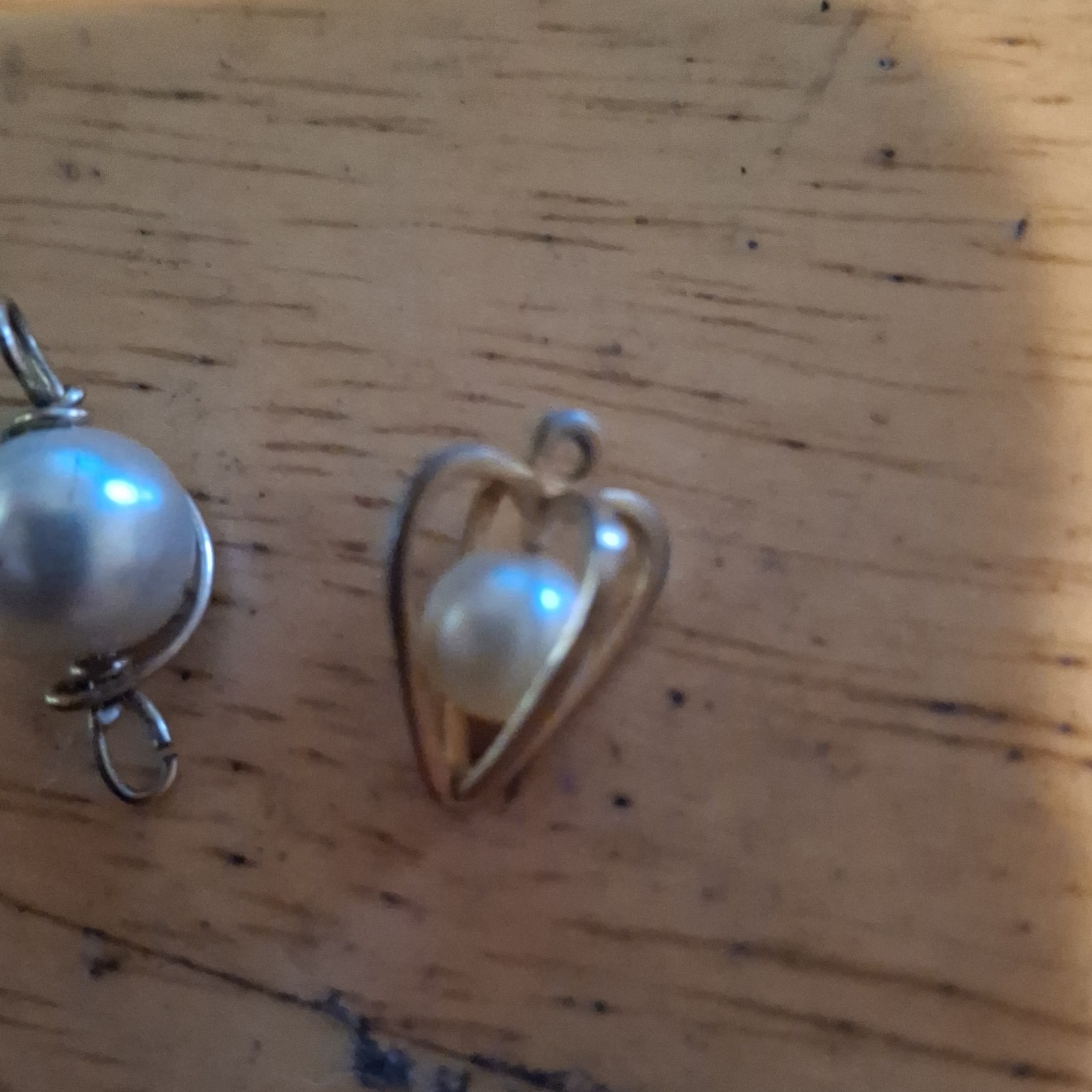 Silver Tone Metal Heart Cage Charm Pendant w/ White Round Pearl, Lot of 2