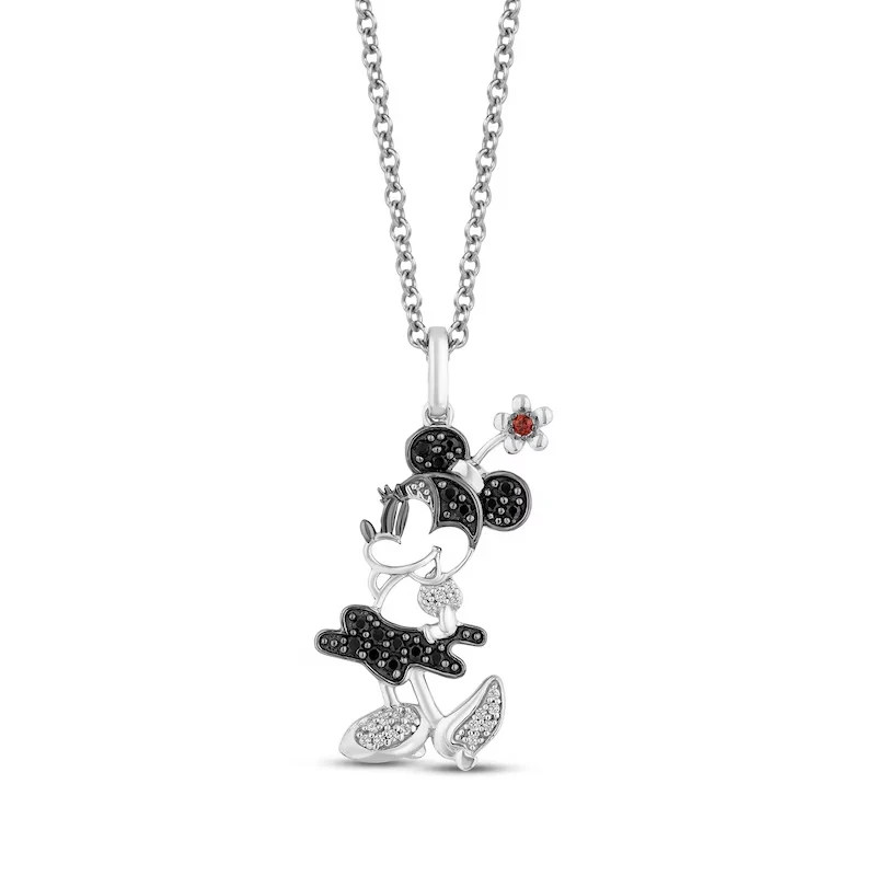 Minnie Mouse Pendant Necklace 925 Sterling Silver Simulated Red Garnet & Diamond