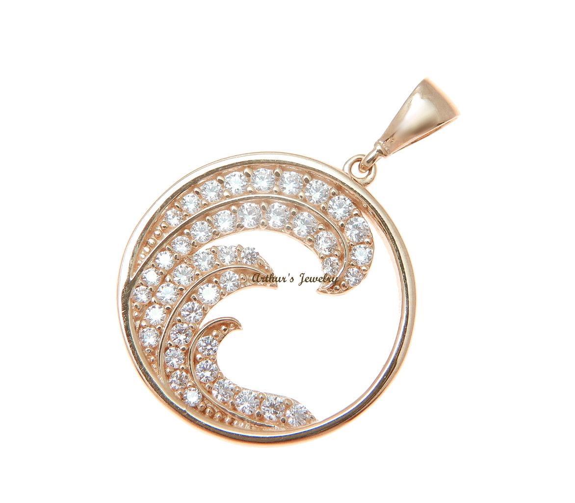SOLID 14K ROSE GOLD HAWAIIAN OCEAN WAVE CIRCLE CHARM BLING CZ PENDANT 17.40MM
