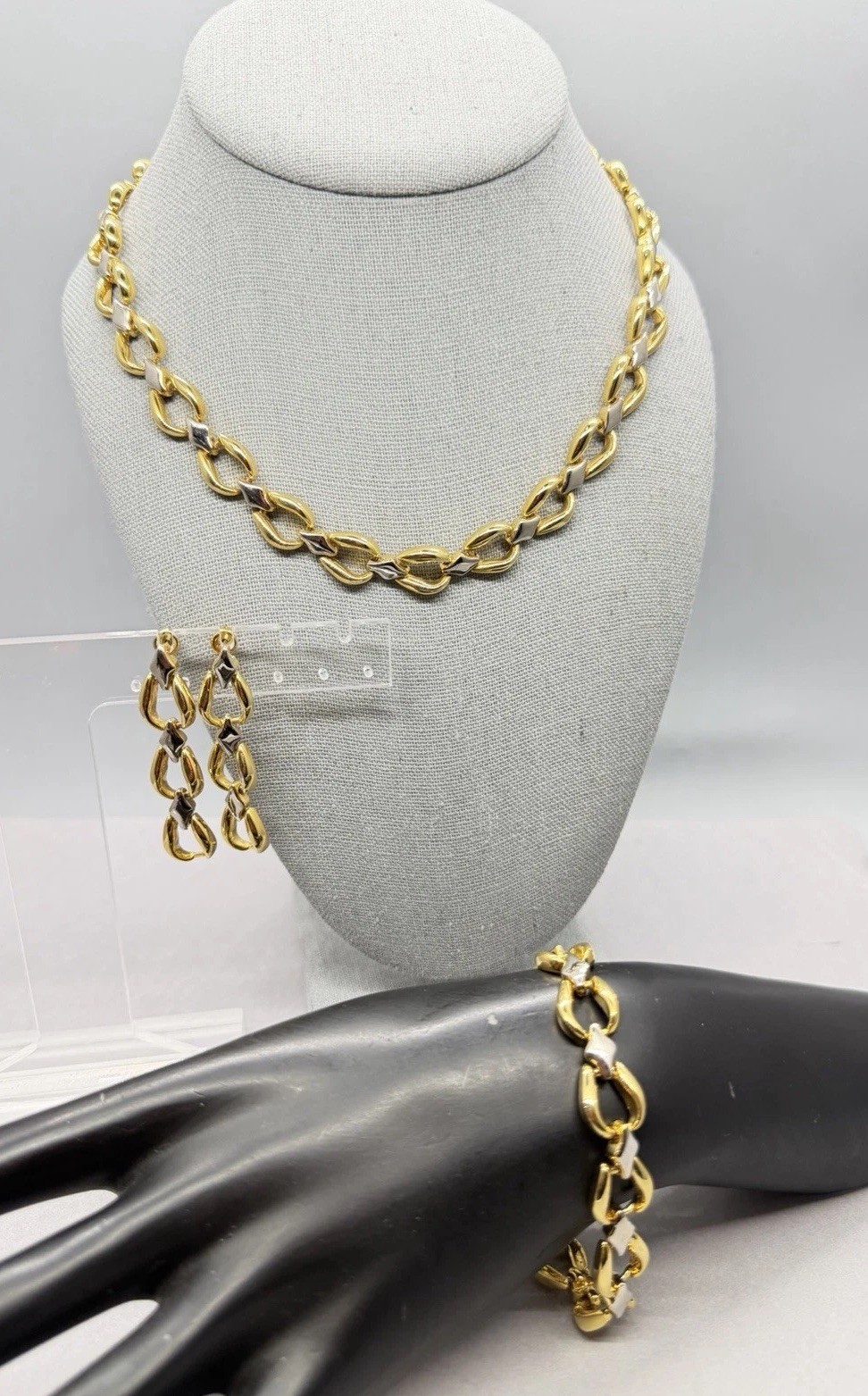 Mixed Metal Gold Silver Tone Dimensional Open Link Necklace Bracelet Earring Set