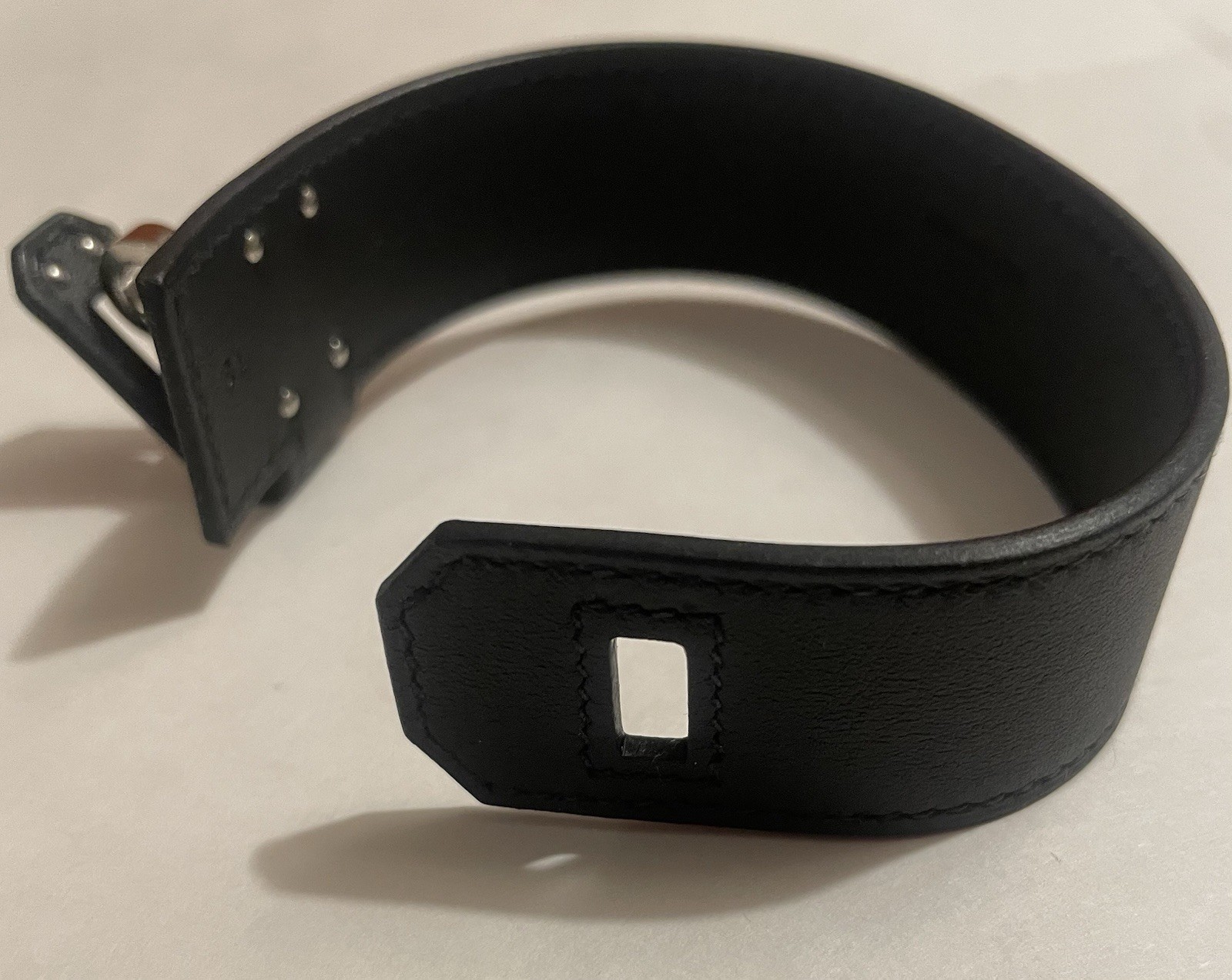 Hermès Black Leather Kelly Twist Bracelet Size T2 Silver Hardware Authentic