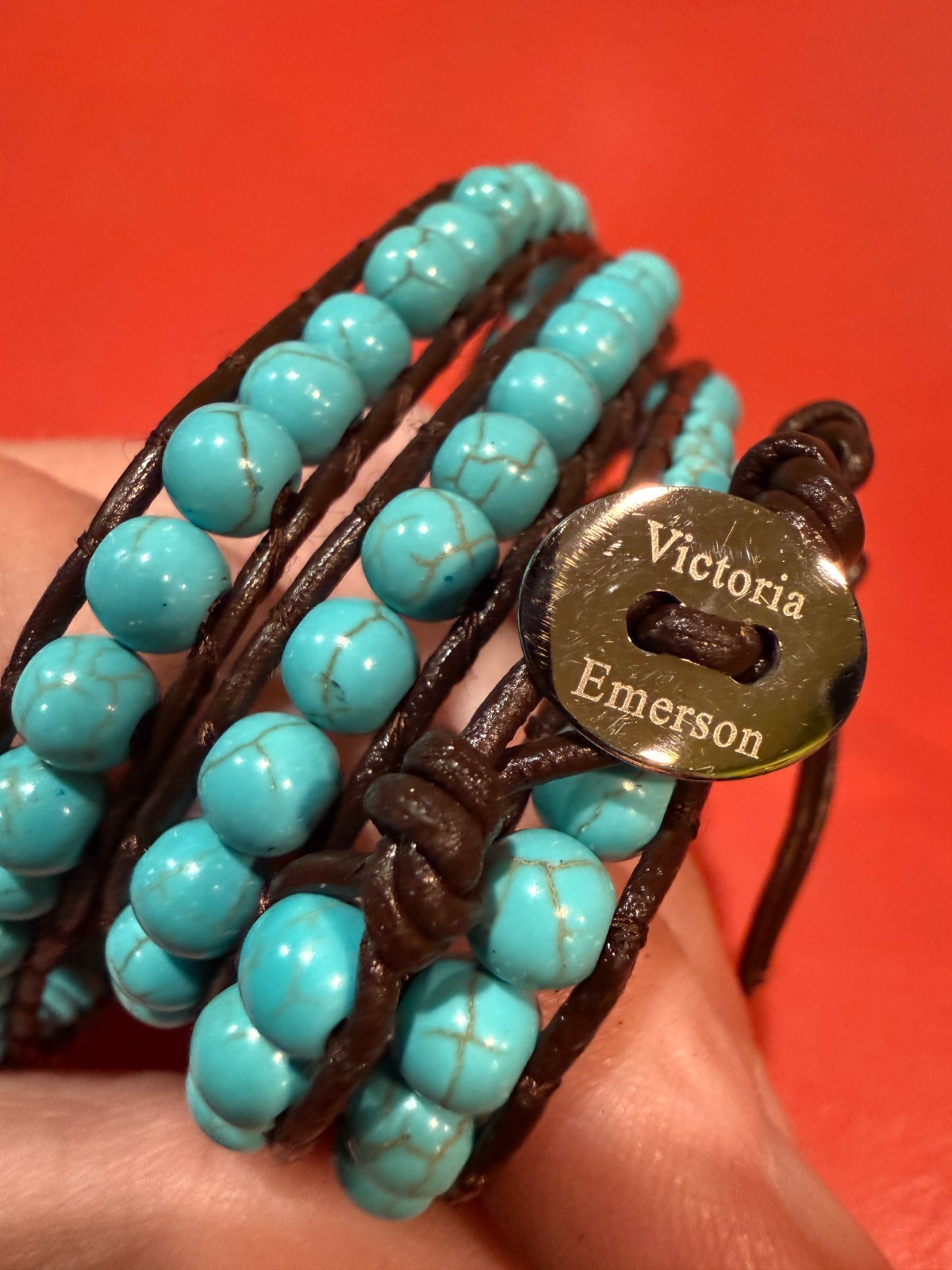 Victoria Emerson Turquoise Beaded Dark Brown Leather 5x Wrap Bracelet 33″-36″