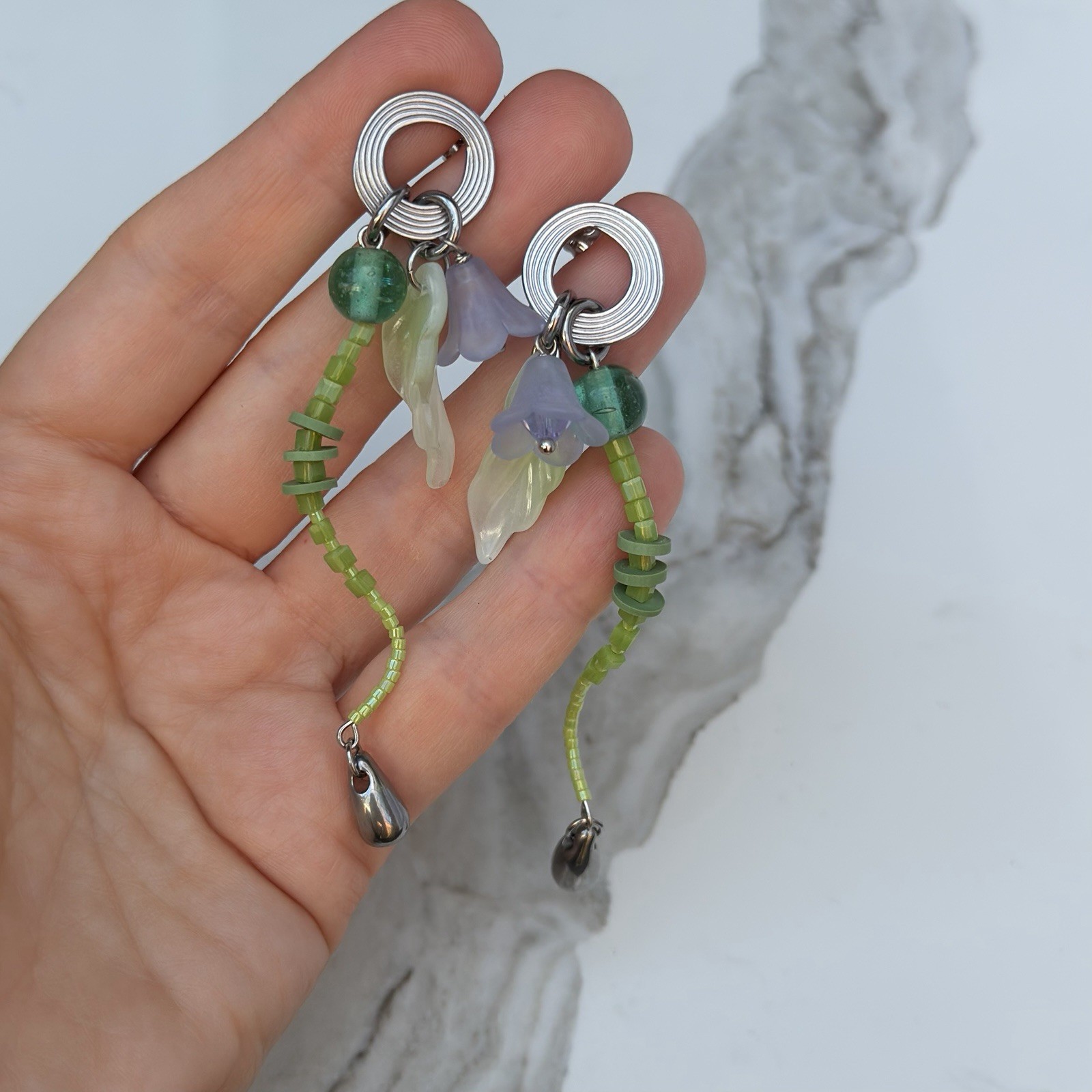 Green Purple Glass Beaded Dangle Drop Earrings, Steel Spiral Stud