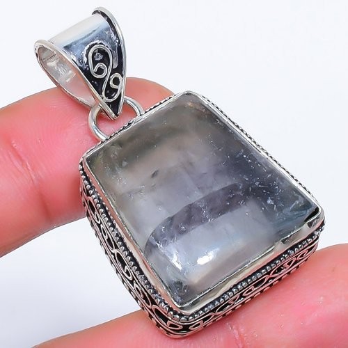 Natural Multi Fluorite Gemstone 925 Silver Plated Jewelry Pendant 1.7″ S273