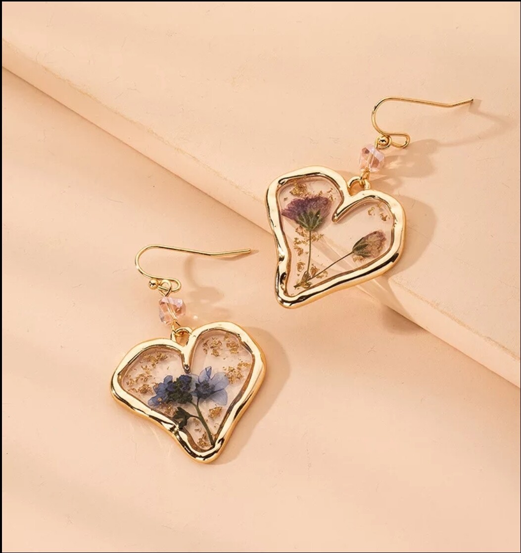 REAL Flower Earrings Dried Pressed resin glossy rose daisy gold Cottagecore cute