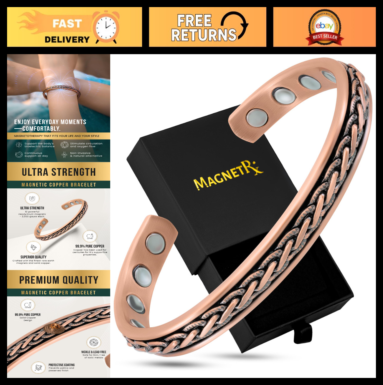 Adjustable Copper Magnetic Bracelet for Men & Women – Woven Inlay Cuff Bangle