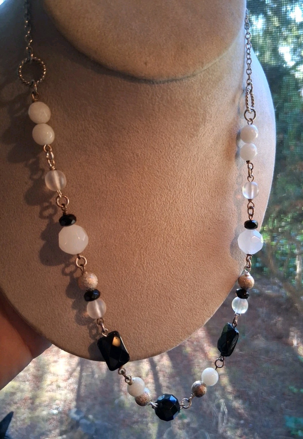 Glass And Stone Chain Beaded Necklace Black, Cream, Silver Lobster Clasp 20″