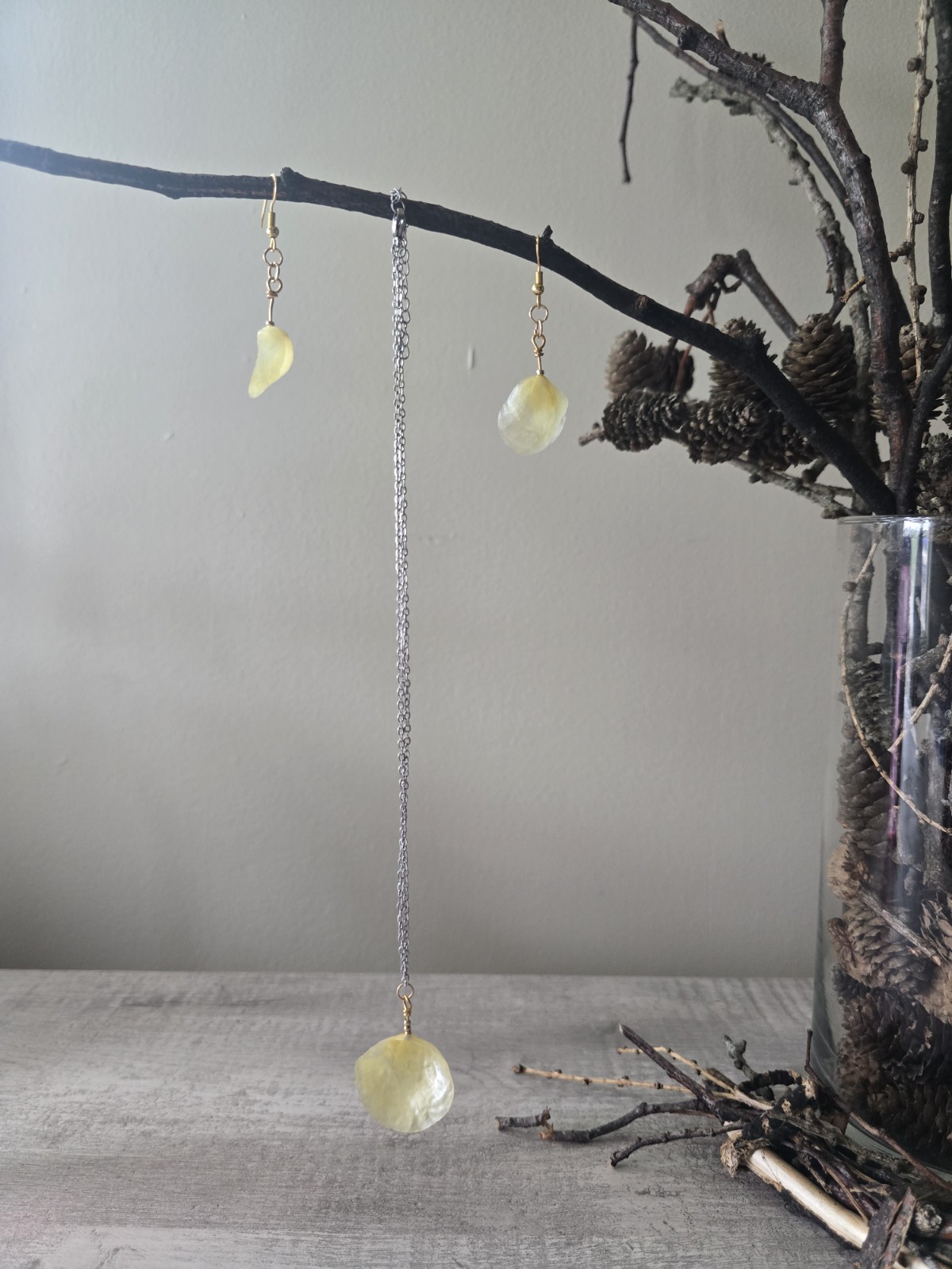 Gold Tone Hook Dangle Drop Earrings w/ Yellow Round Stone Bead Drops