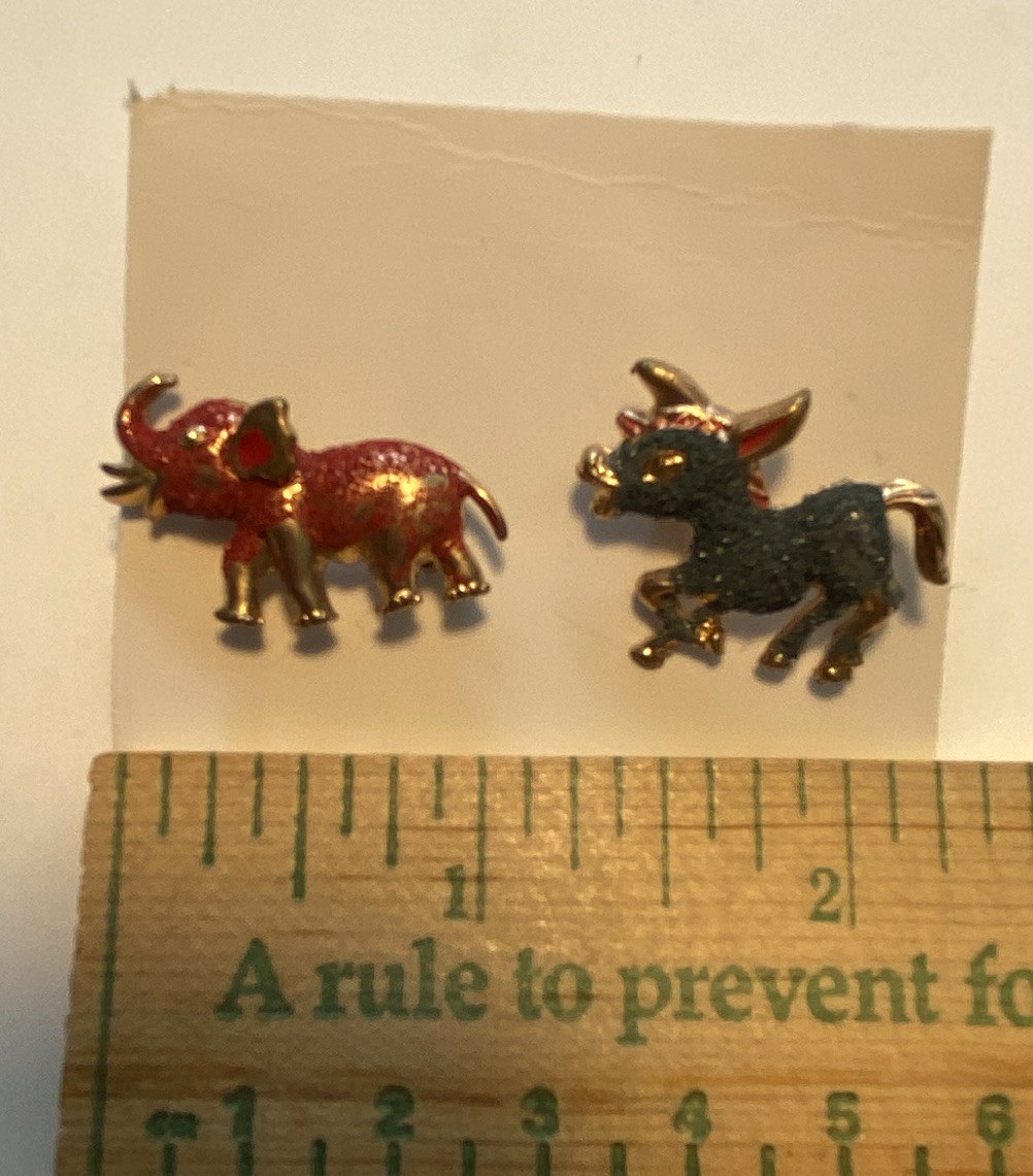 Vintage 1960s Political Party Enamel Metal Lapel Pins Elephant & Donkey