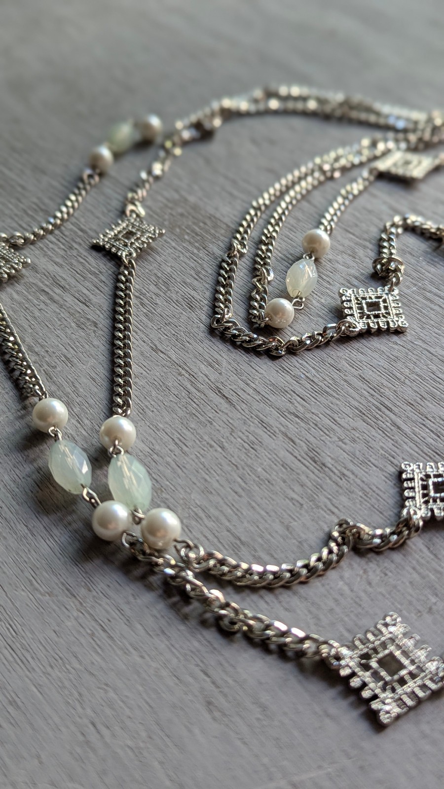 Silver Tone 2 Strand Long Necklace Faux Pearl White Beads Geometric Station 32″