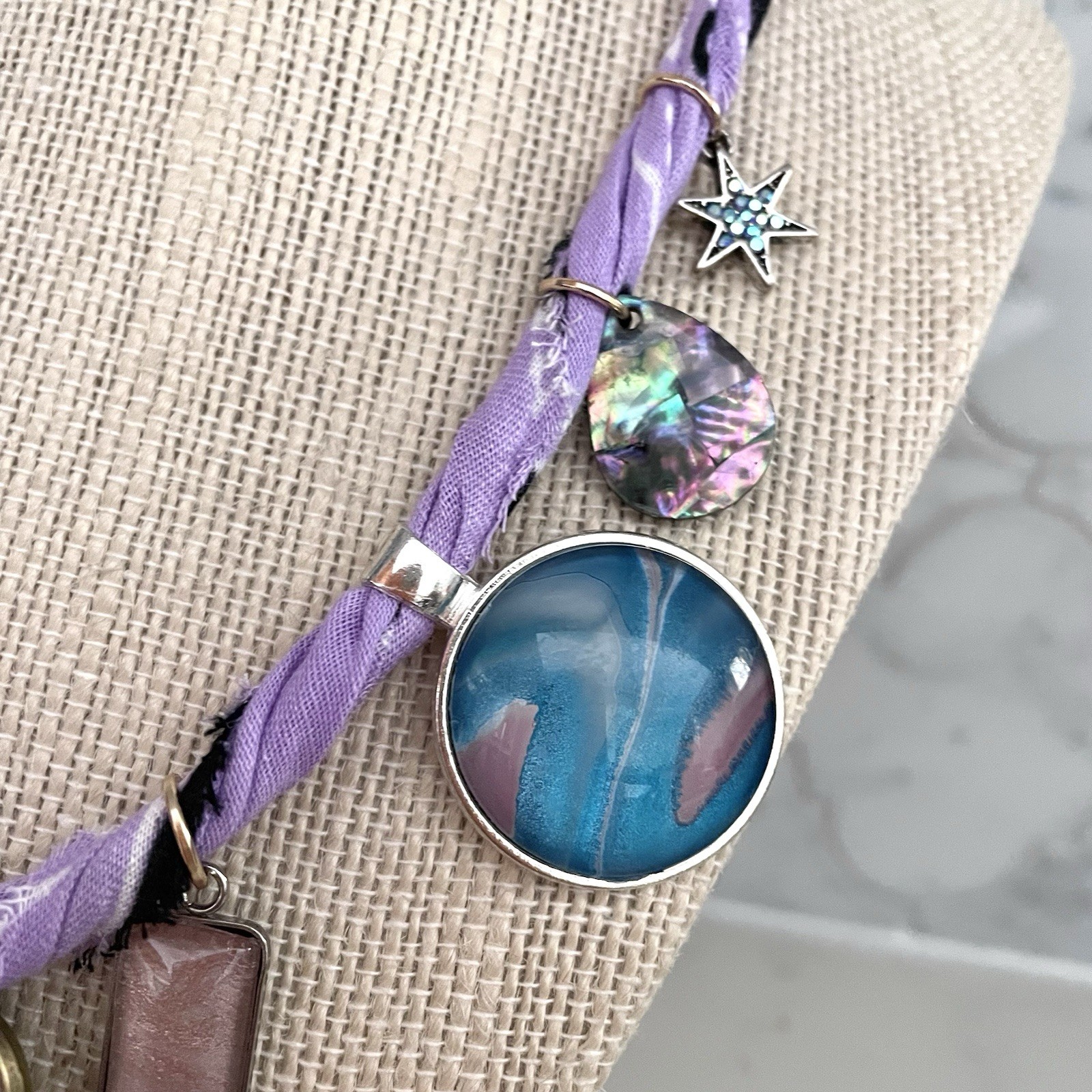 Fluid Art Paint Pour Handmade Charm Bandana Necklace Purple, Blue, Pale Pink