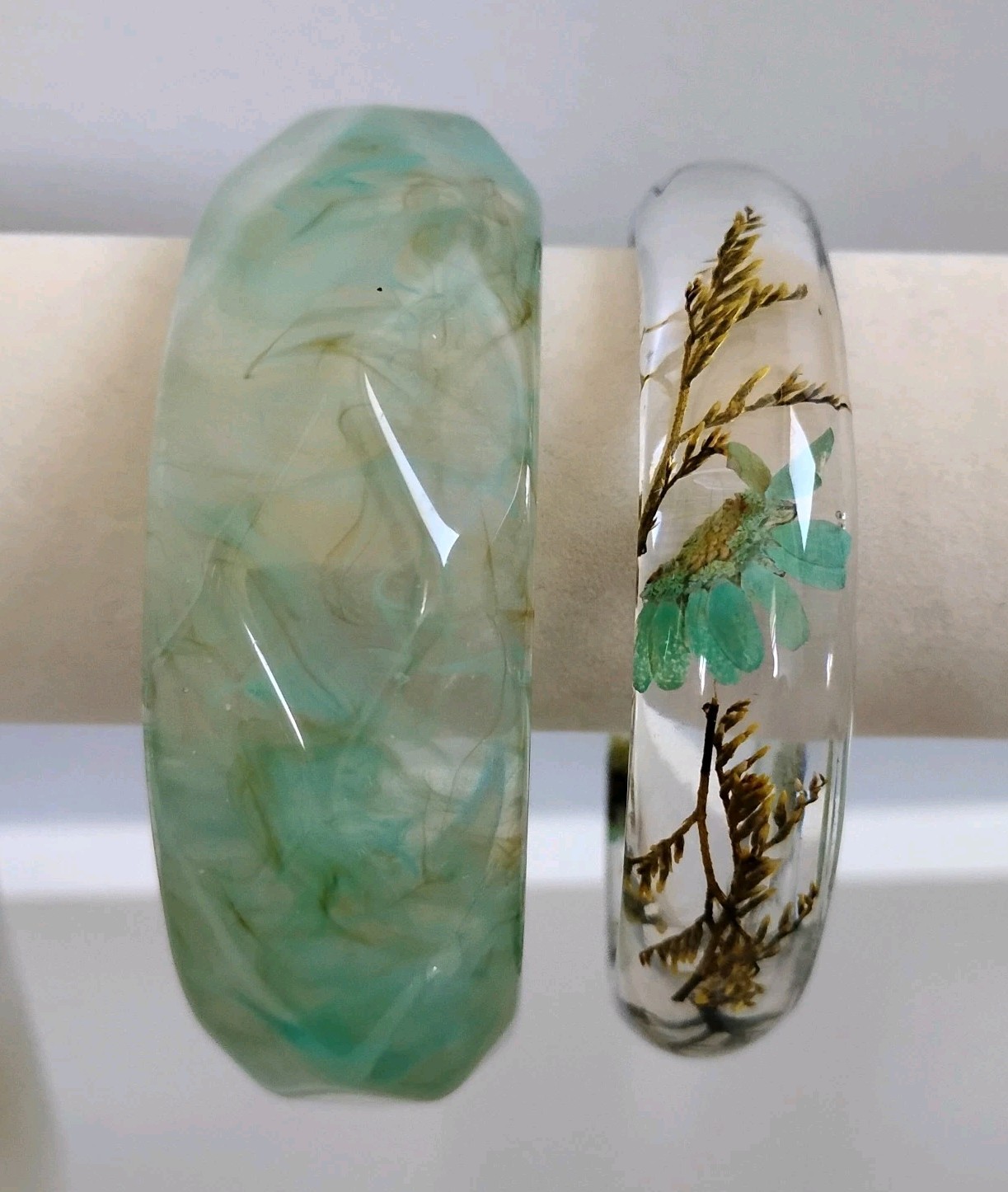 New Green Teal Translucent Clear Encased Flowers Bangle Bracelet Set Chunky Sz 8