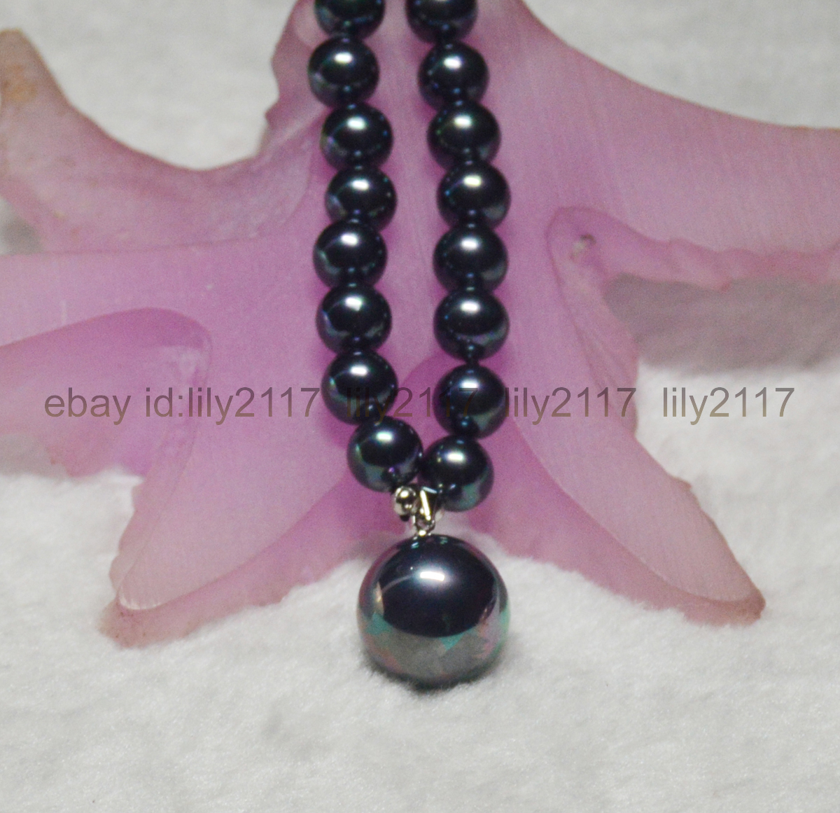 8MM South Sea Black Shell Pearl Round Beads 16MM Pendant Necklace 18″ AAA