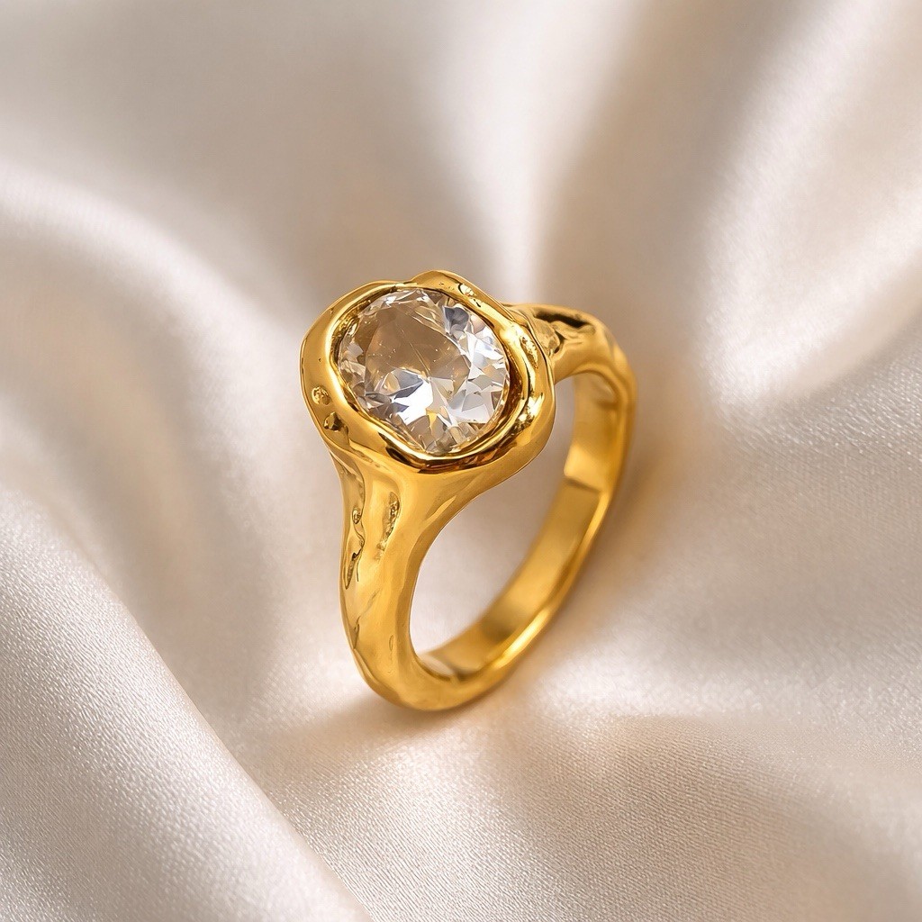 Molten Ring Crystal Sz 6 Gold VTG Hammered Solanales Sculptural Organic Liquid
