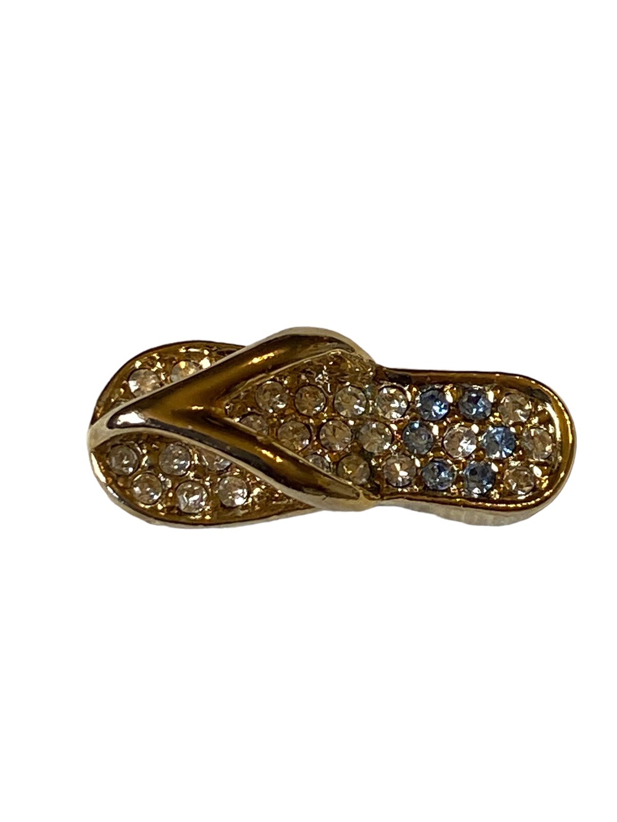 Gold Tone Clear & Blue Rhinestone Sandal Flip Flop Pendant Signed Friends 03