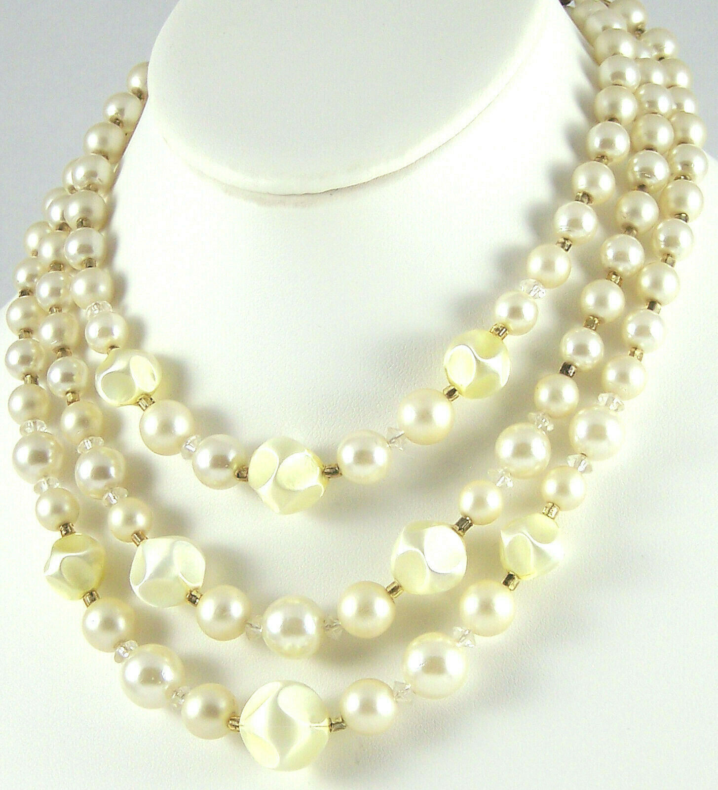 Vintage Japan Necklace Faux Baroque Pearl Crystal Bead 3-Strand 14″Long