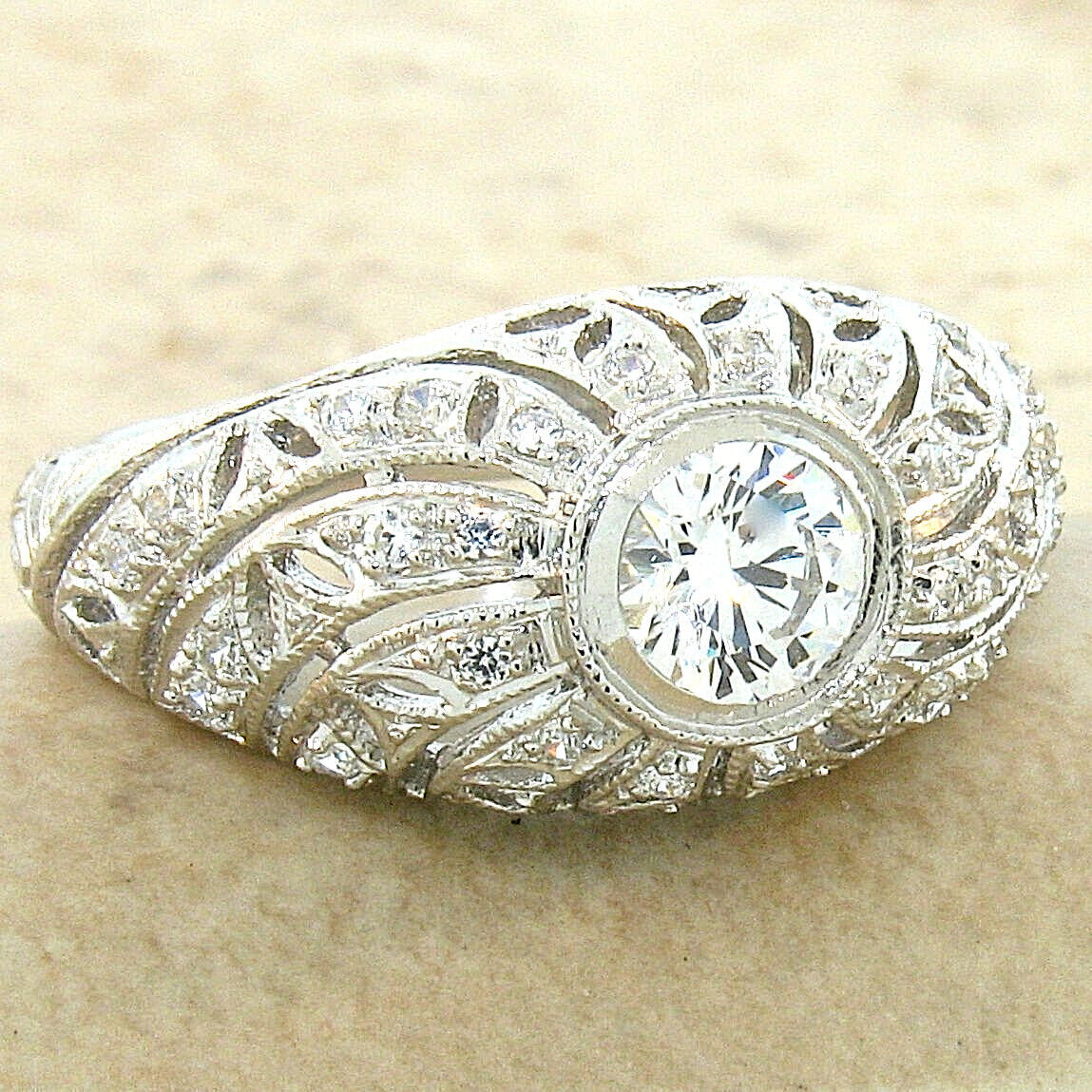 DECO ANTIQUE STYLE 925 STERLING SILVER CUBIC ZIRCONIA FILIGREE DOME RING 620Z