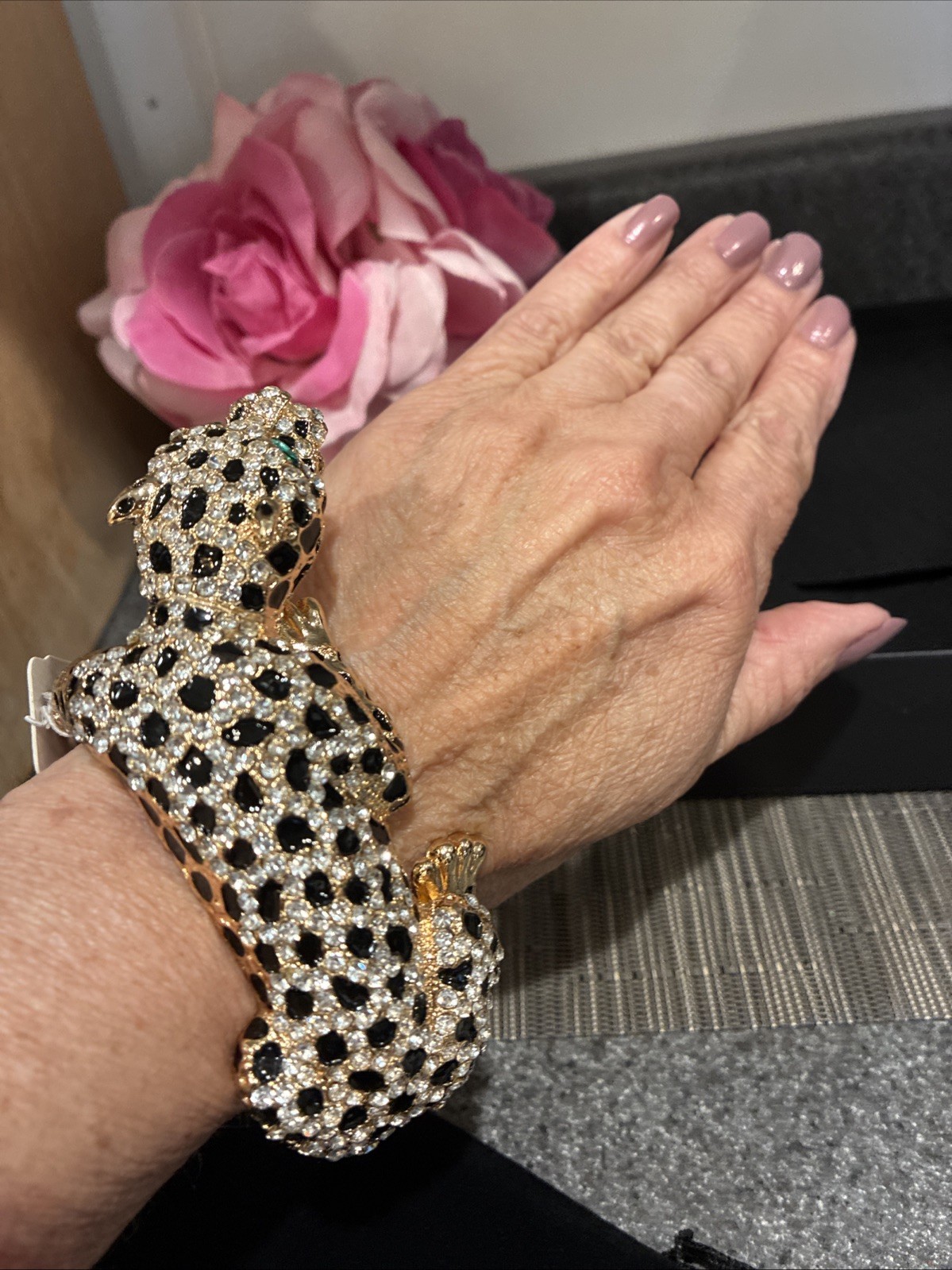 Natasha Gold Leopard Panther Cuff Bracelet Rhinestone, Enamel Green Eyes.