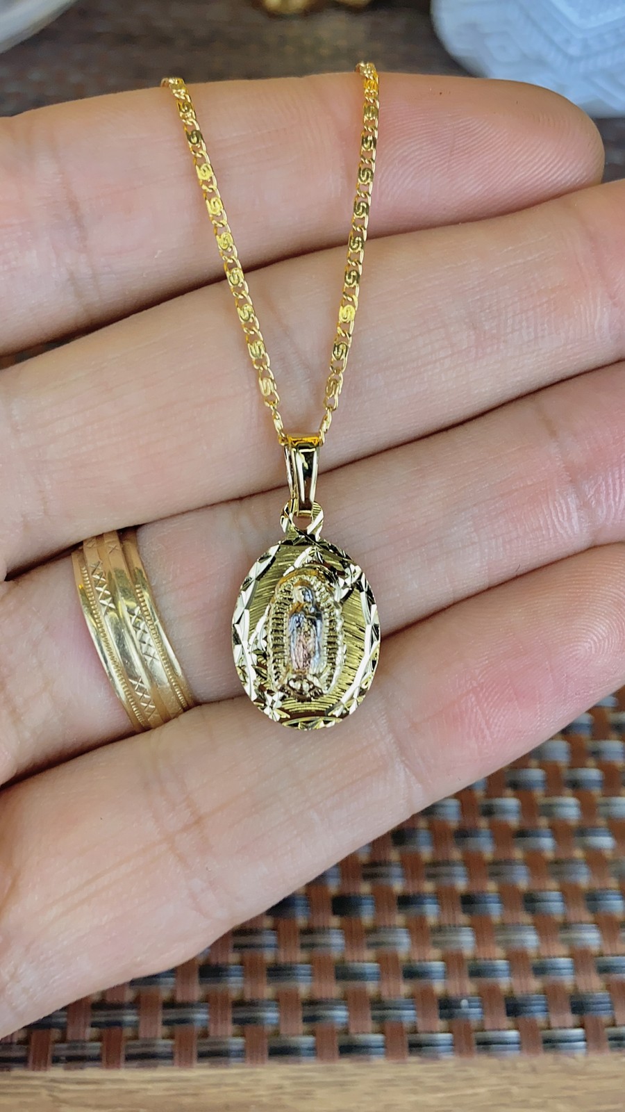 Virgen de Guadalupe Necklace Tri Color Snail Chain 20″ for Womens Girls Gifts