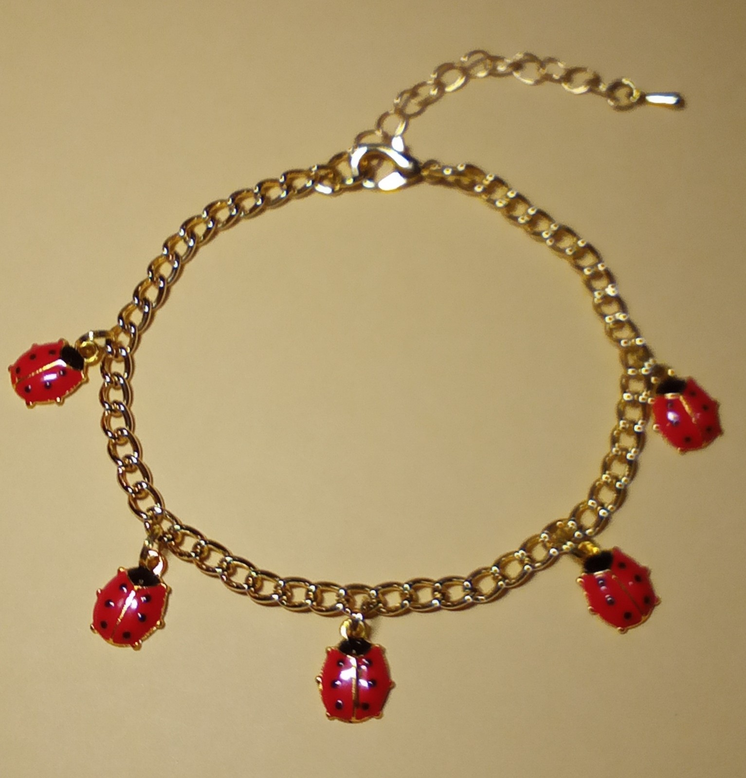 Ladybug Bracelet Gold tone chain 5 red black enamel charms ext chain Summer CUTE