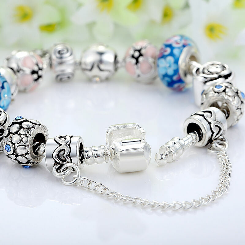 925 SILVER PLATED CHARMS BRACELET W/ FLOWER BEADS / LENGTH 7.5” / AMAZING LOOK!