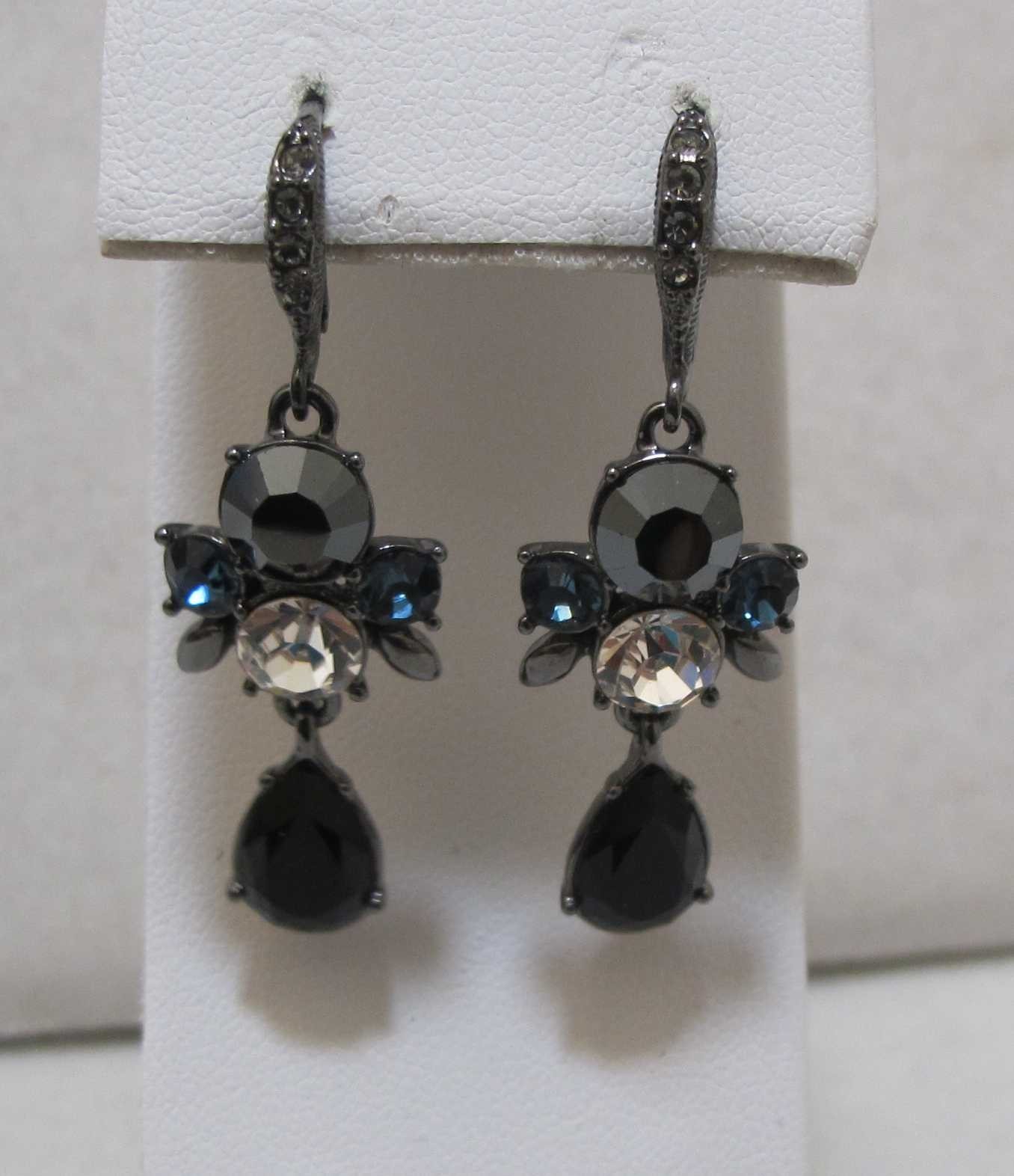 GIVENCHY Gun Metal Blue Grey Black Rhinestone Dangle Earrings Lever Back