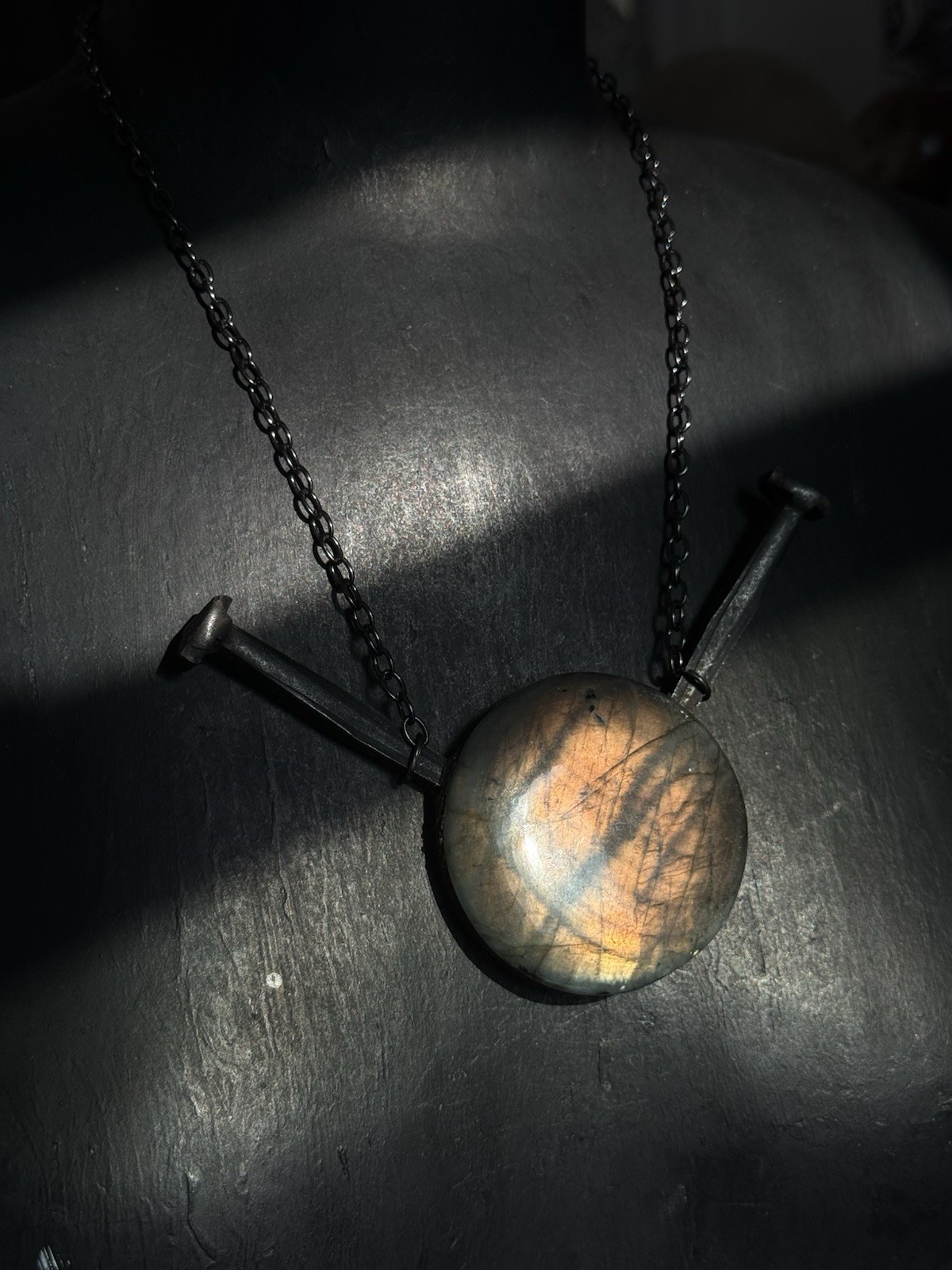 Labradorite and coffin nail statement crystal necklace gunmetal chain goth jewel