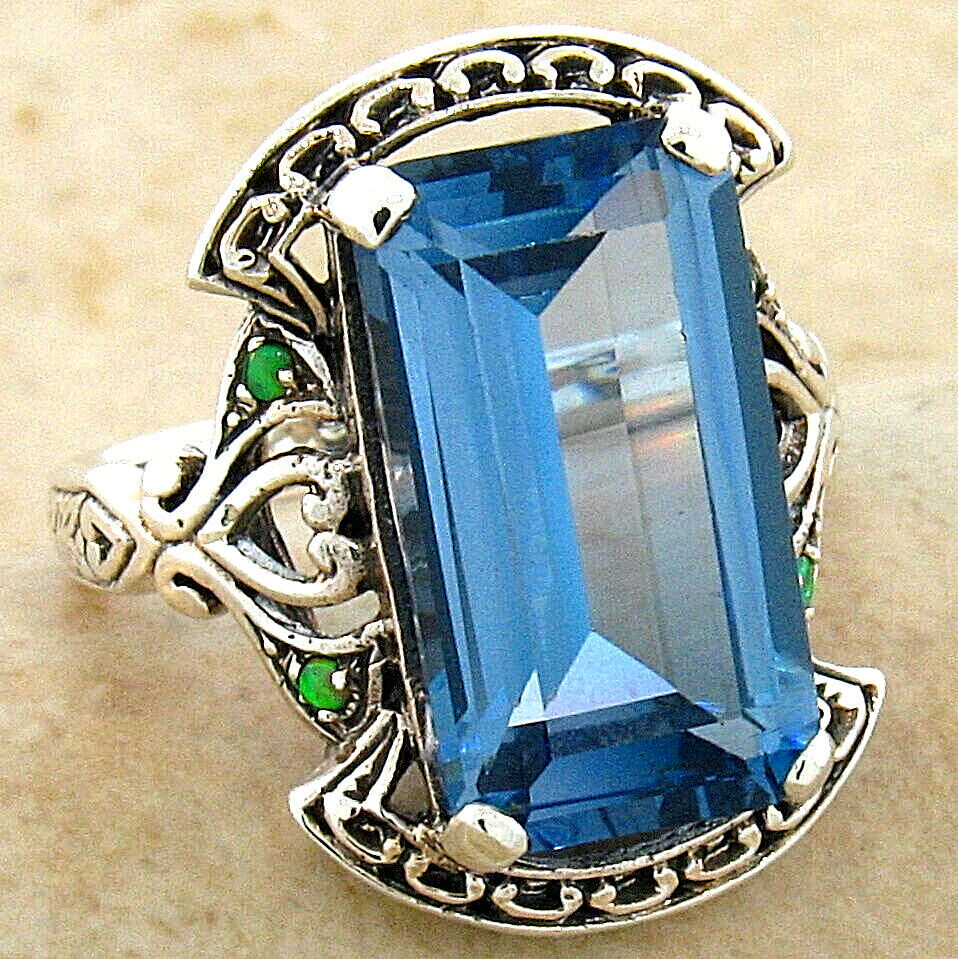 ANTIQUE STYLE 925 STERLING SILVER 8 CT SIM AQUAMARINE & OPAL RING 499z
