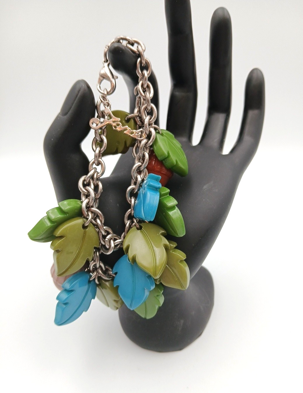 FENDI Dangle Charm Bracelet Acorns Leaves Chain Link Silver Tone READ