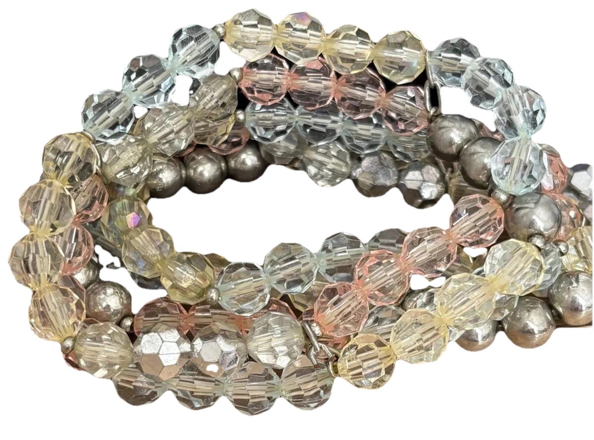 Pastel Beaded Stretch Bracelet Bundle/ Fits Wrist Size 6/ Silver Tone Beads